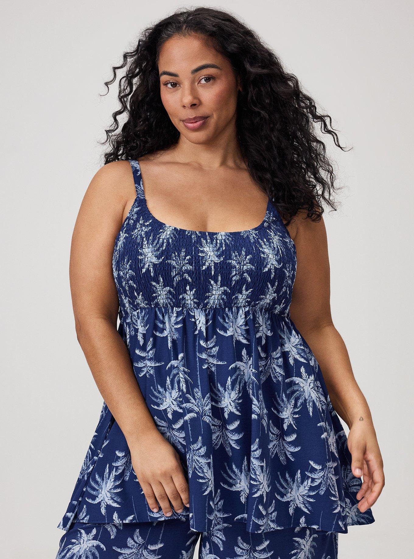 Smocked Challis Babydoll Tunic, TROPICAL SHADOWS BLUE, hi-res