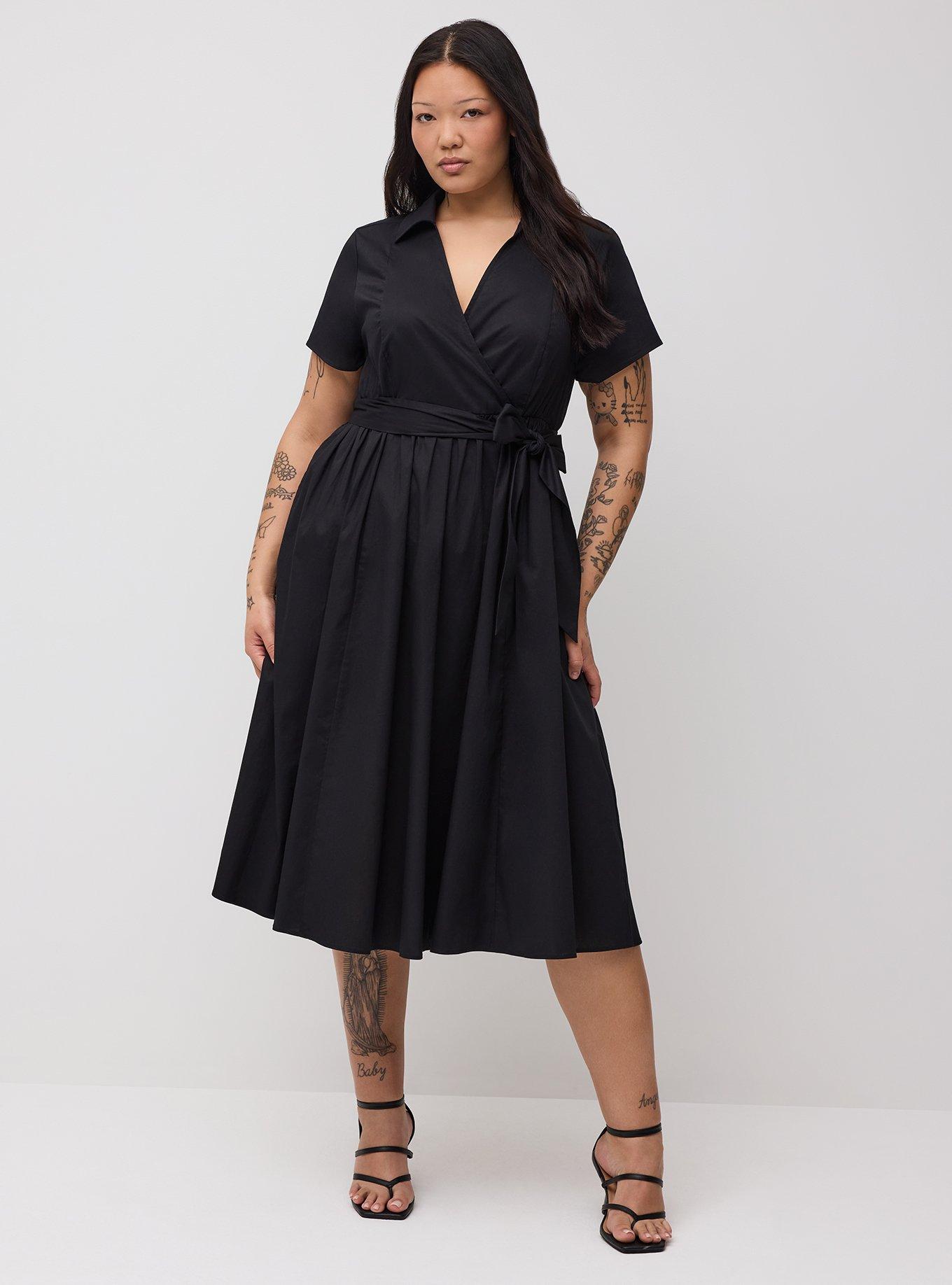 Collared Wrap Midi Dress, DEEP BLACK, hi-res