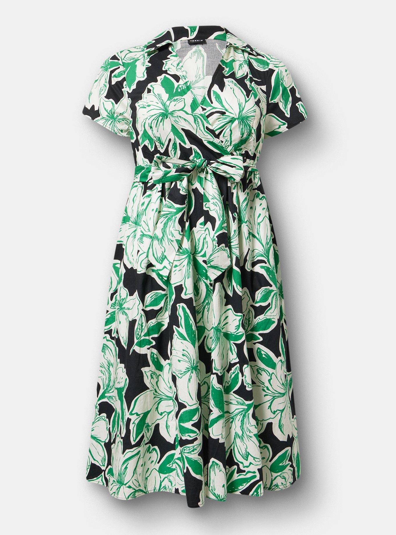 Collared Wrap Midi Dress, SKETCHED LILLIES FLORAL BLACK, hi-res