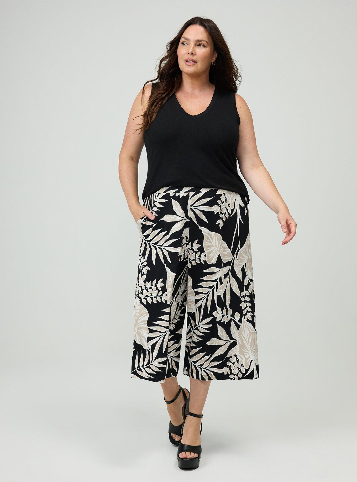 Pull-On Wide-Leg Super Soft Crop Pant, LINED LEAVES BLACK, alternate