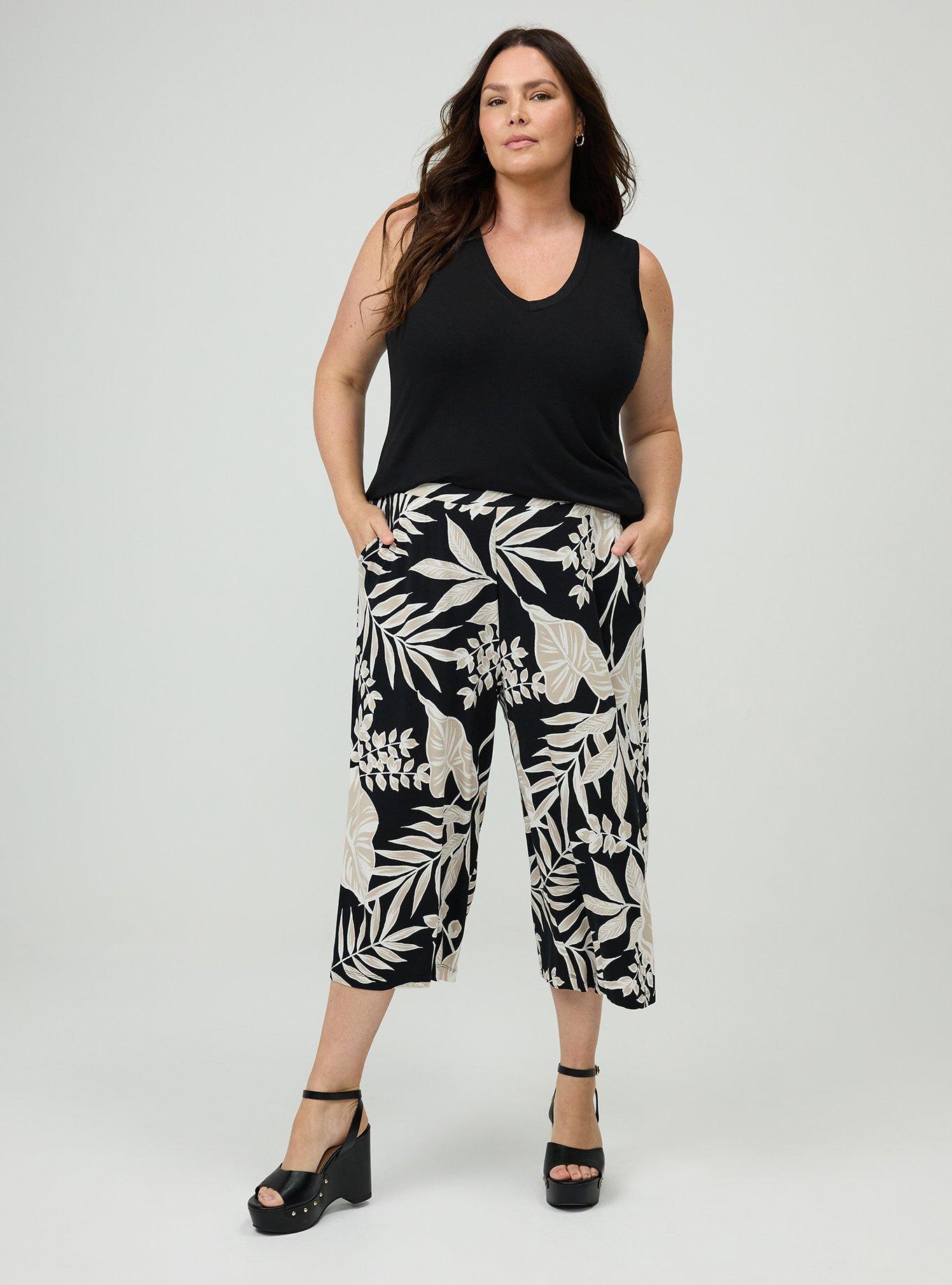 Pull-On Wide-Leg Super Soft Crop Pant, LINED LEAVES BLACK, alternate