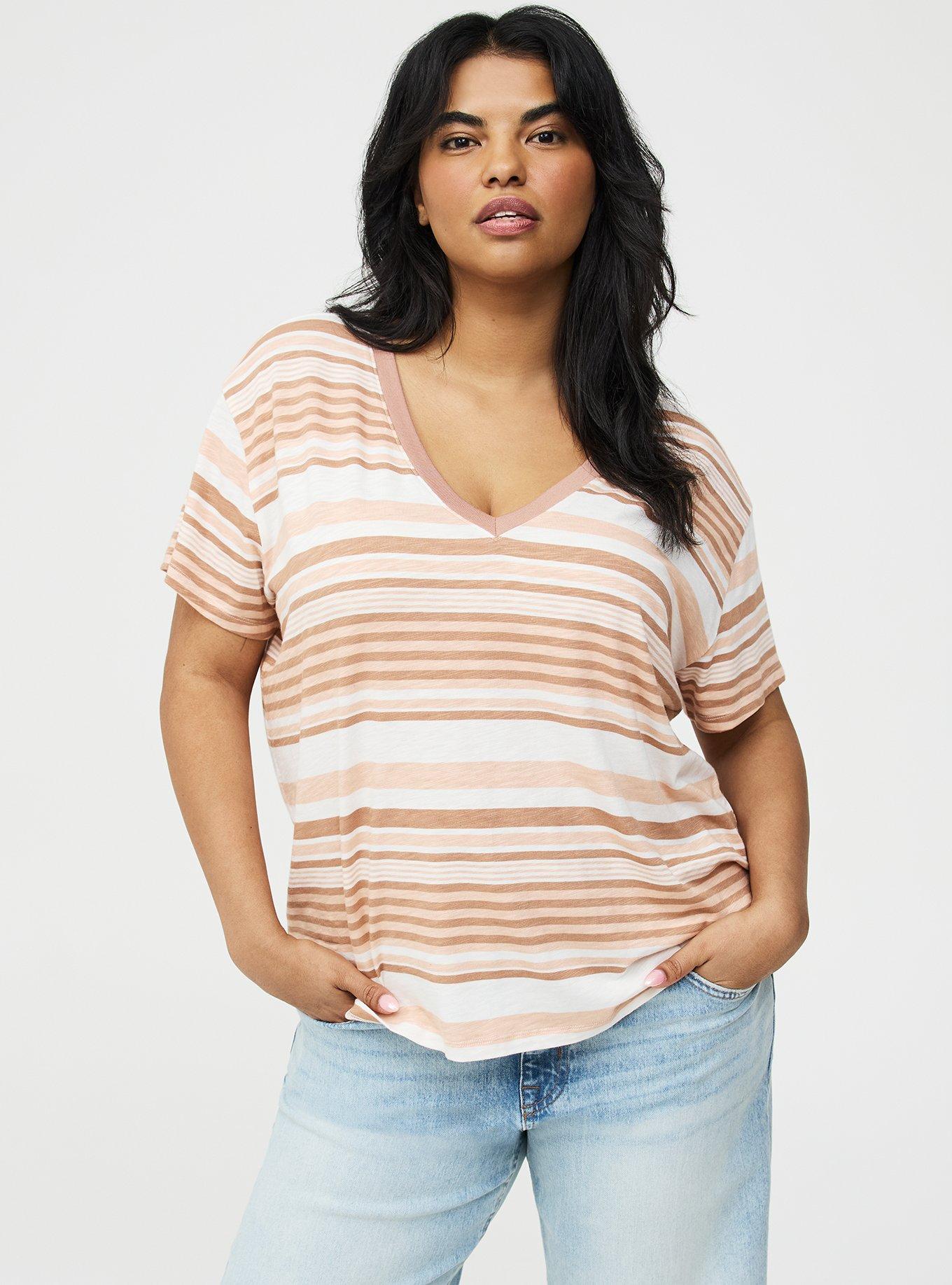 Plus Size Vintage Slub V-Neck Relaxed Tee, AMELIA STRIPE WHISPER WHITE, hi-res
