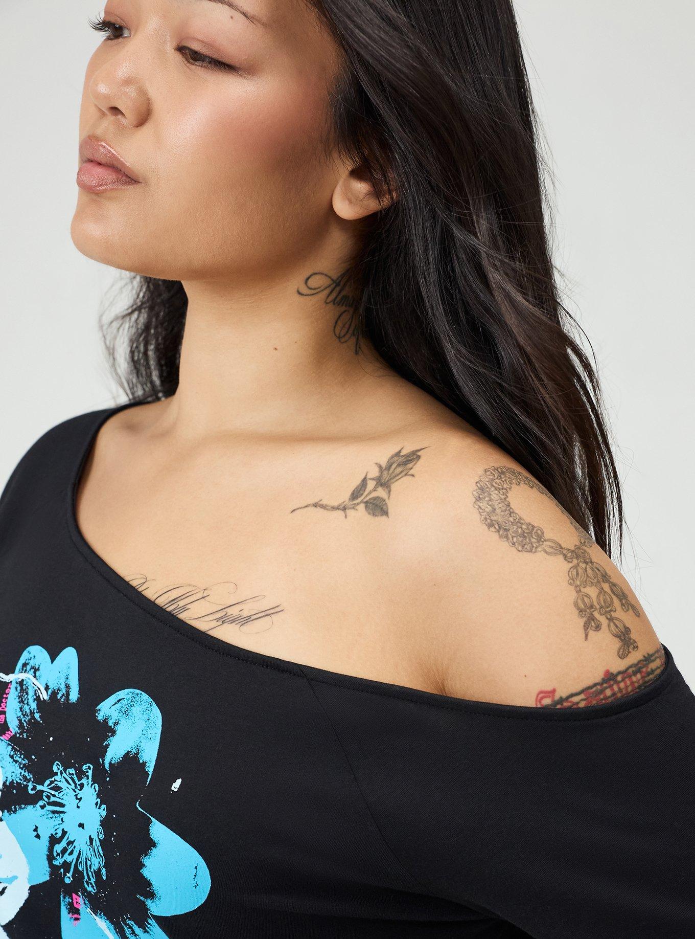 Plus Size Alanis Morissette Relaxed Off-Shoulder Tee, ALANIS MORISSETTE FLORAL DEEP BLACK, alternate