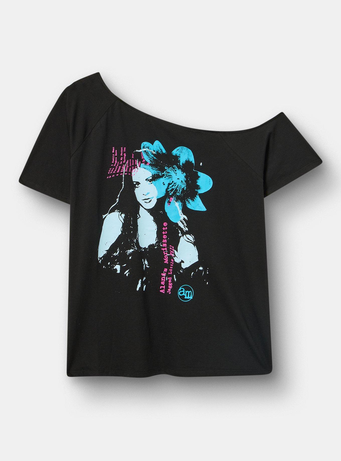 Plus Size Alanis Morissette Relaxed Off-Shoulder Tee, ALANIS MORISSETTE FLORAL DEEP BLACK, flat