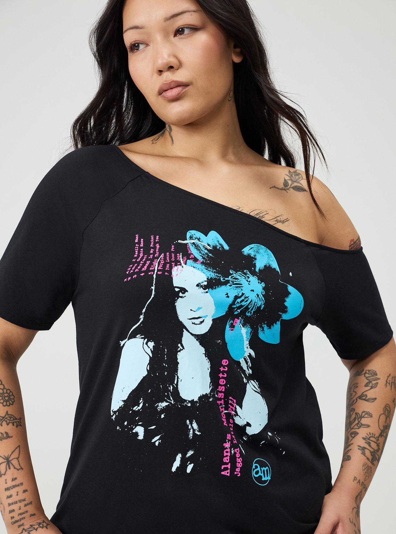 Plus Size Alanis Morissette Relaxed Off-Shoulder Tee, ALANIS MORISSETTE FLORAL DEEP BLACK, hi-res