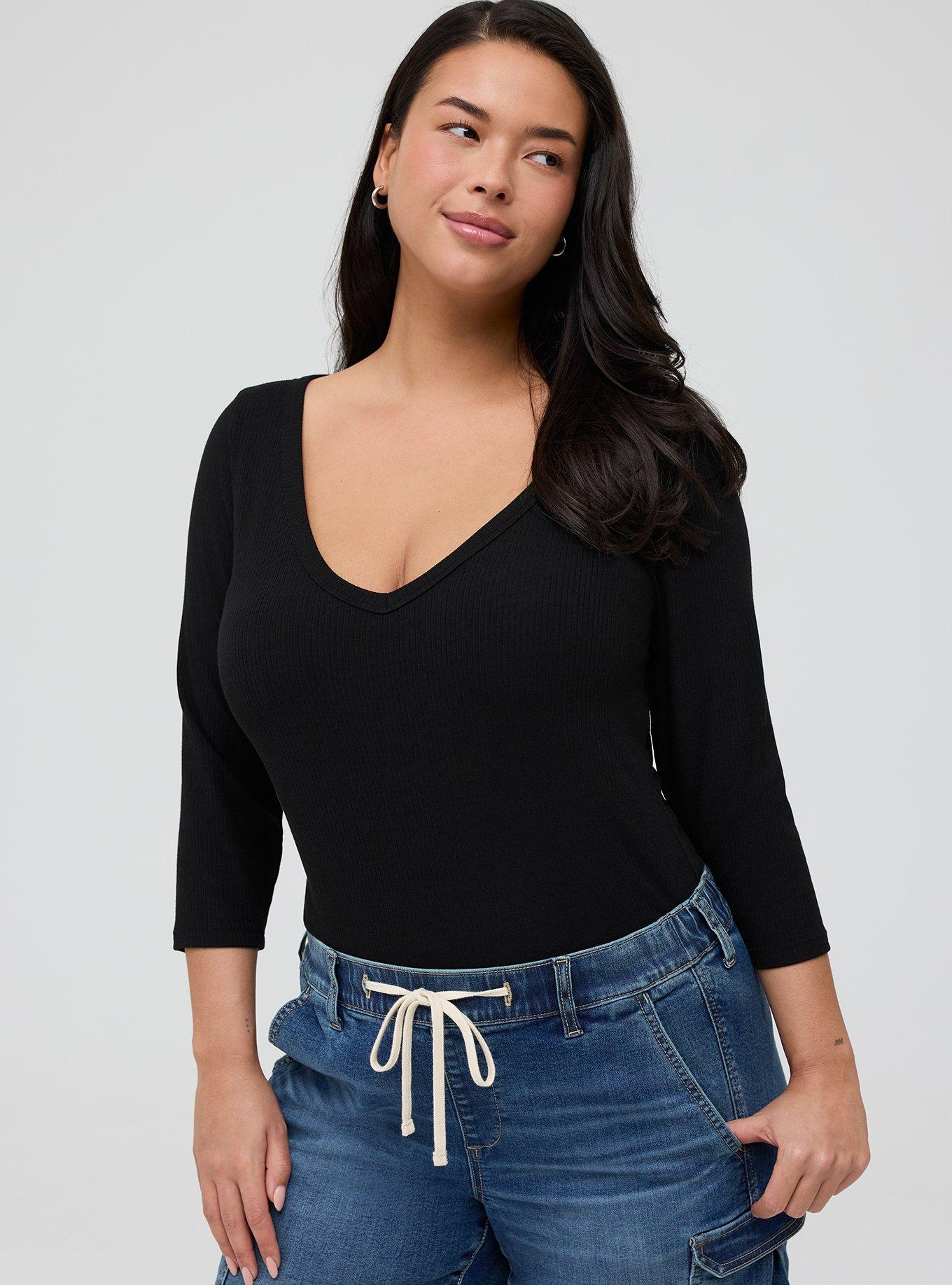 Supersoft Rib V-Neck 3/4 Sleeve Top, DEEP BLACK, alternate