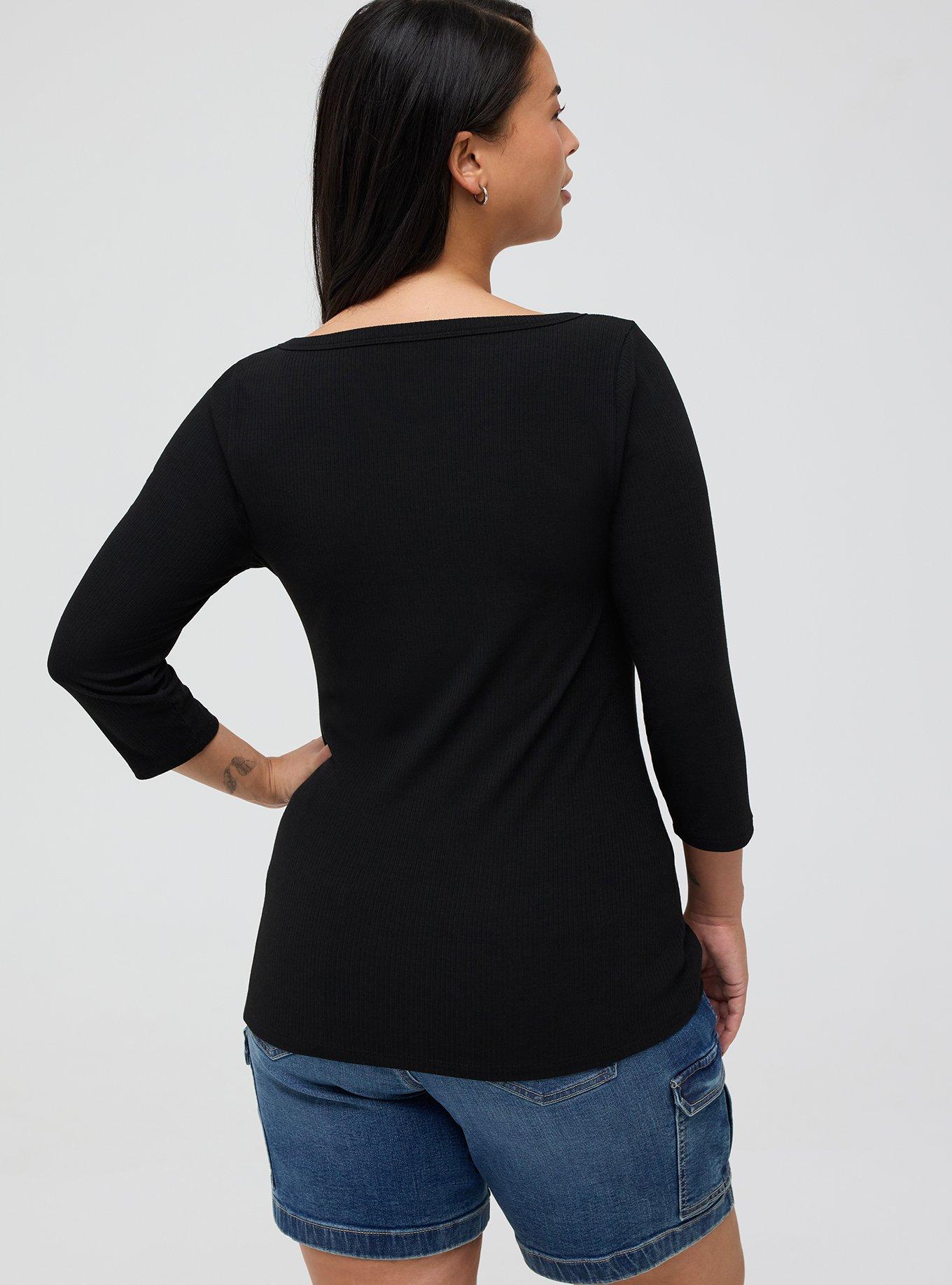 Supersoft Rib V-Neck 3/4 Sleeve Top, DEEP BLACK, alternate