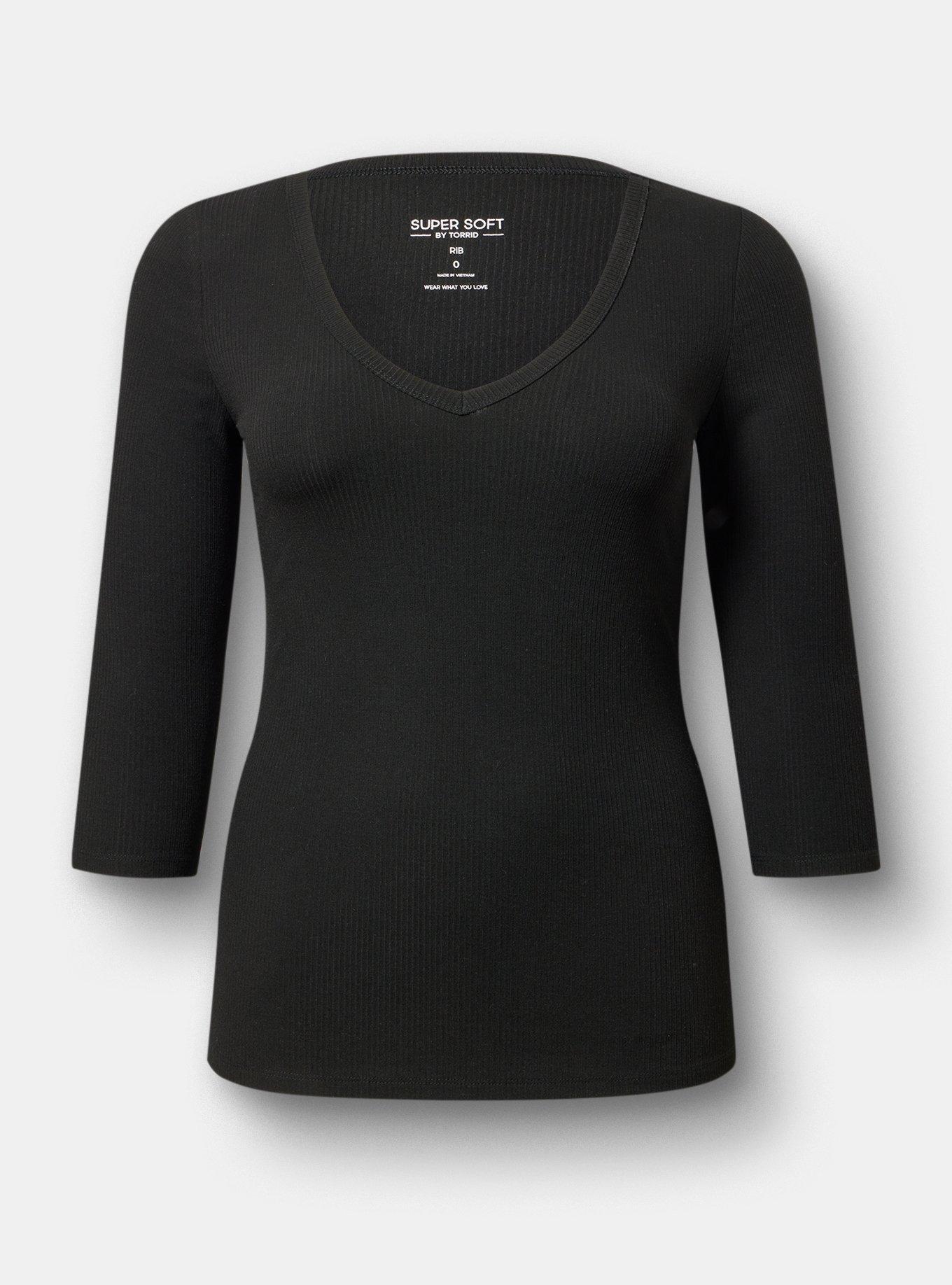 Supersoft Rib V-Neck 3/4 Sleeve Top, DEEP BLACK, hi-res