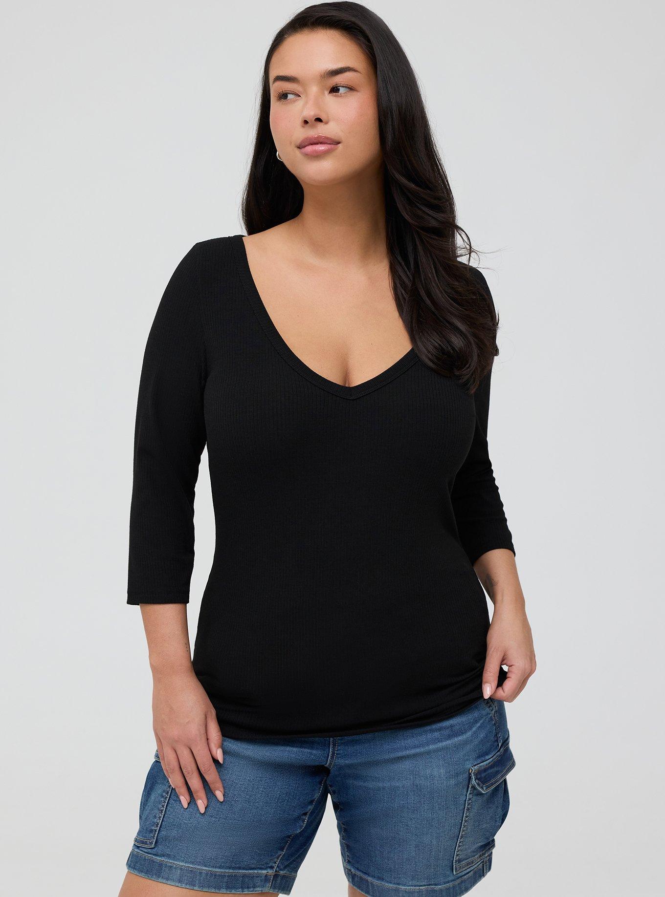 Supersoft Rib V-Neck 3/4 Sleeve Top, DEEP BLACK, hi-res