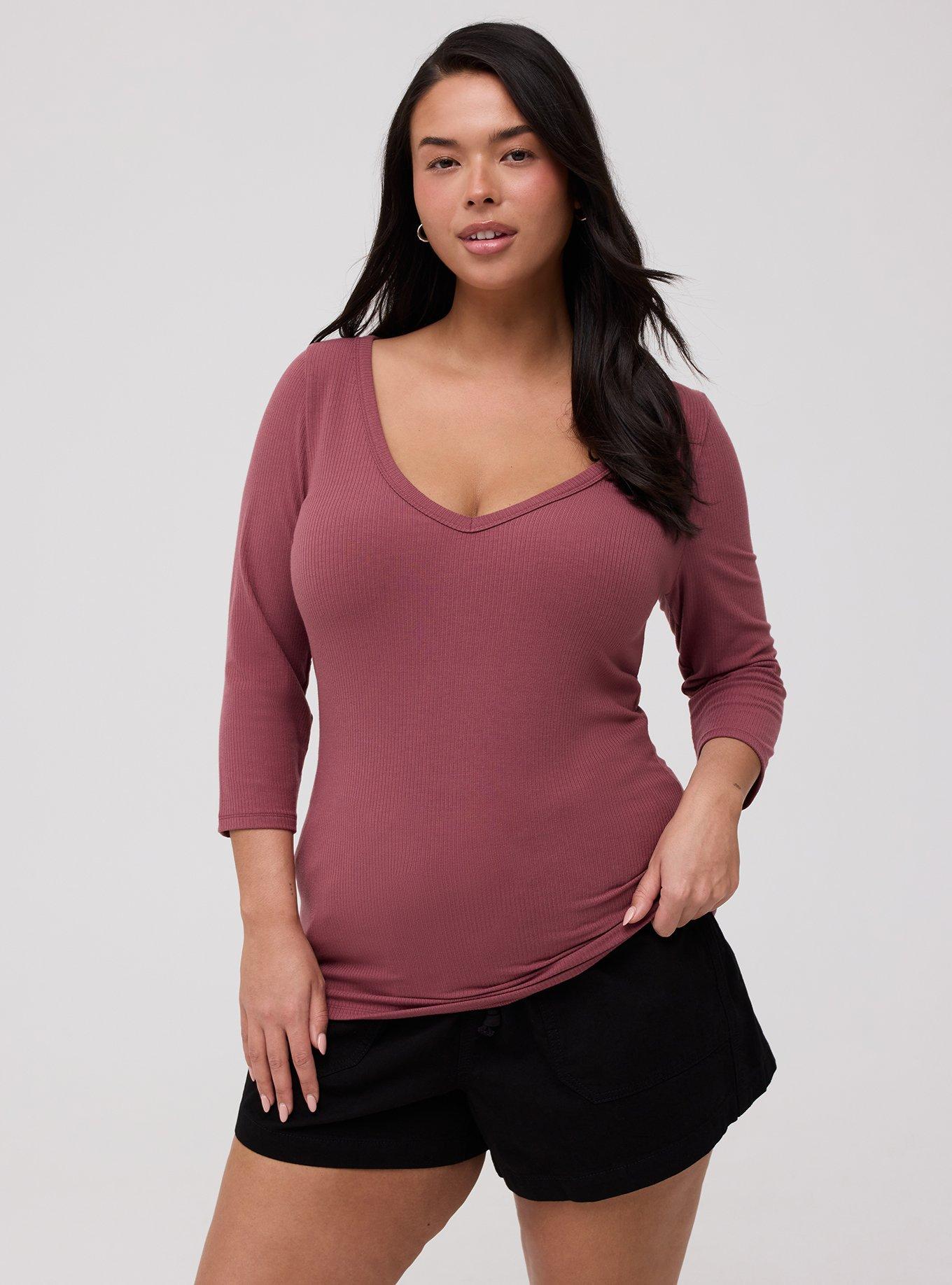 Supersoft Rib V-Neck 3/4 Sleeve Top, WILD GINGER, hi-res