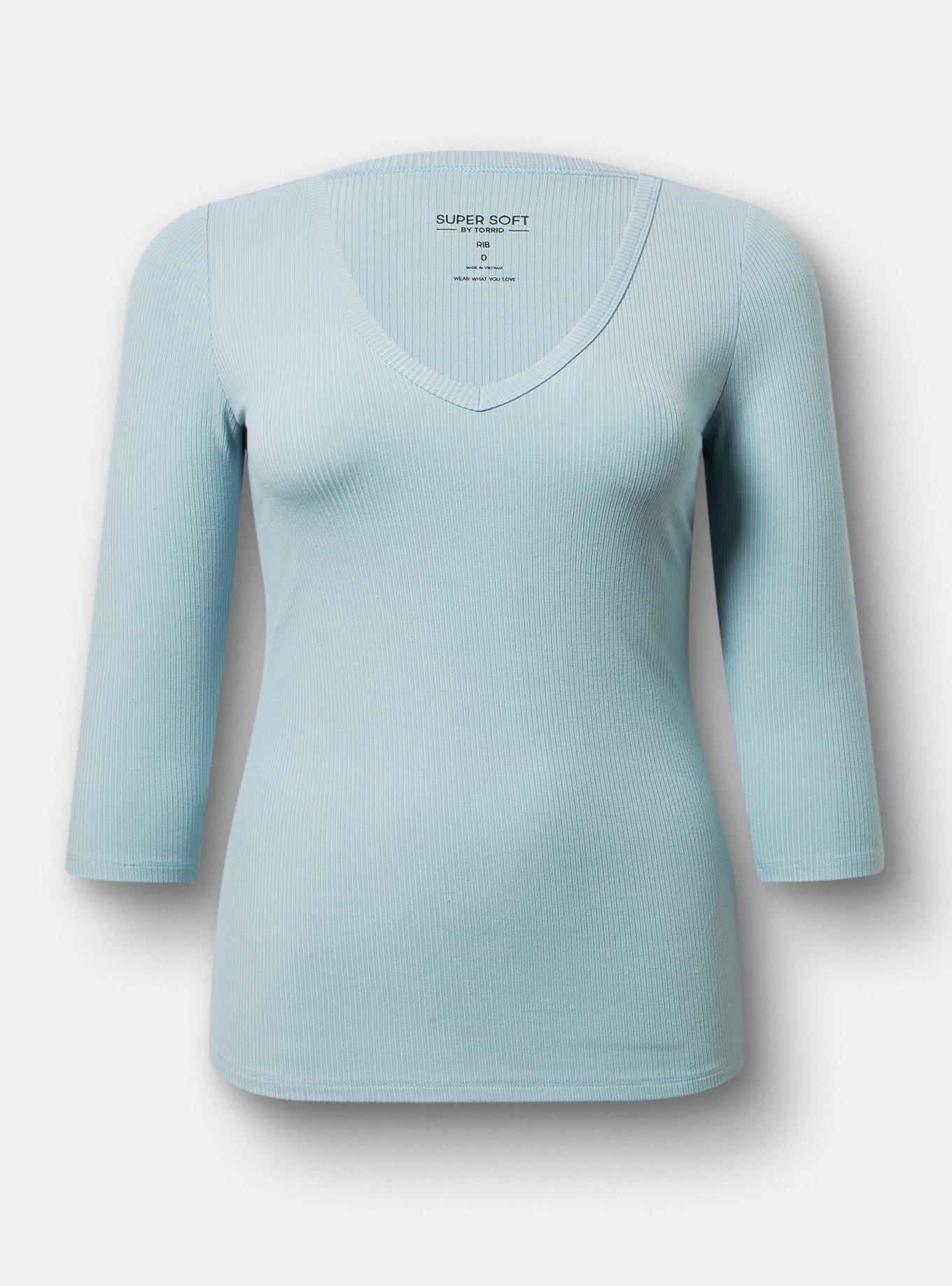 Supersoft Rib V-Neck 3/4 Sleeve Top, STONE BLUE, hi-res