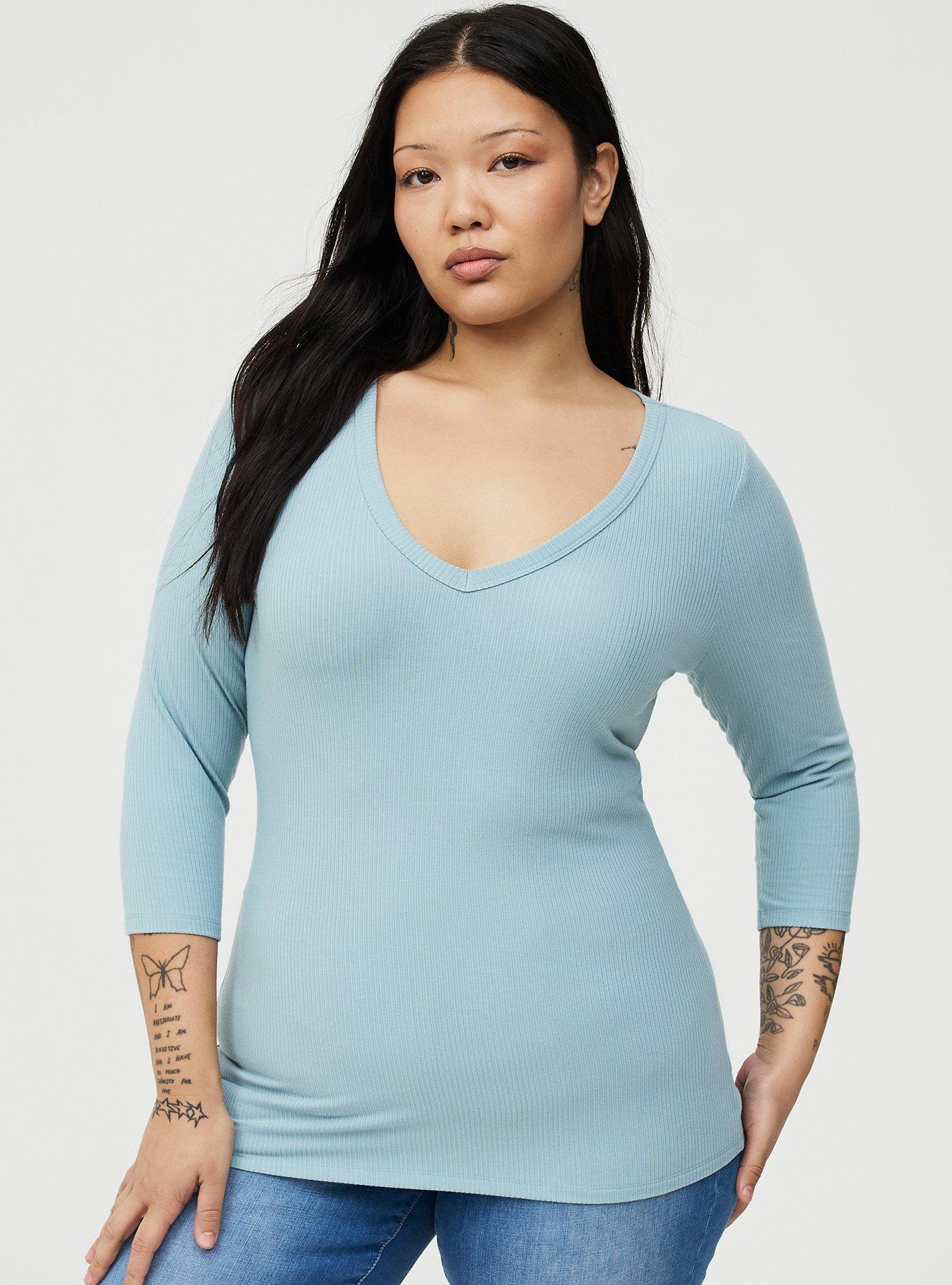 Supersoft Rib V-Neck 3/4 Sleeve Top, STONE BLUE, hi-res