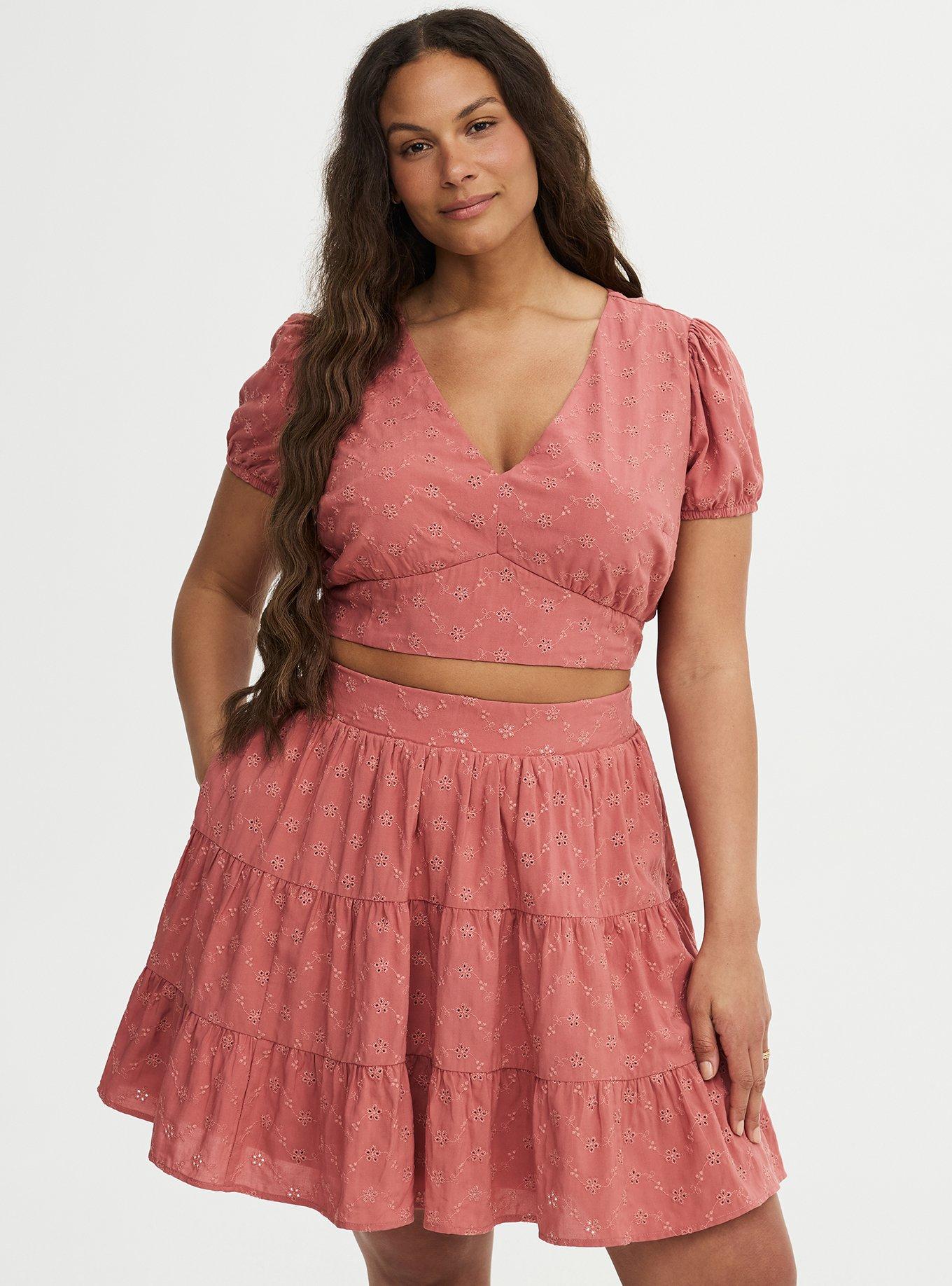 Plus Size Eyelet Mini Skirt Set, LIGHT MAHOGANY, hi-res