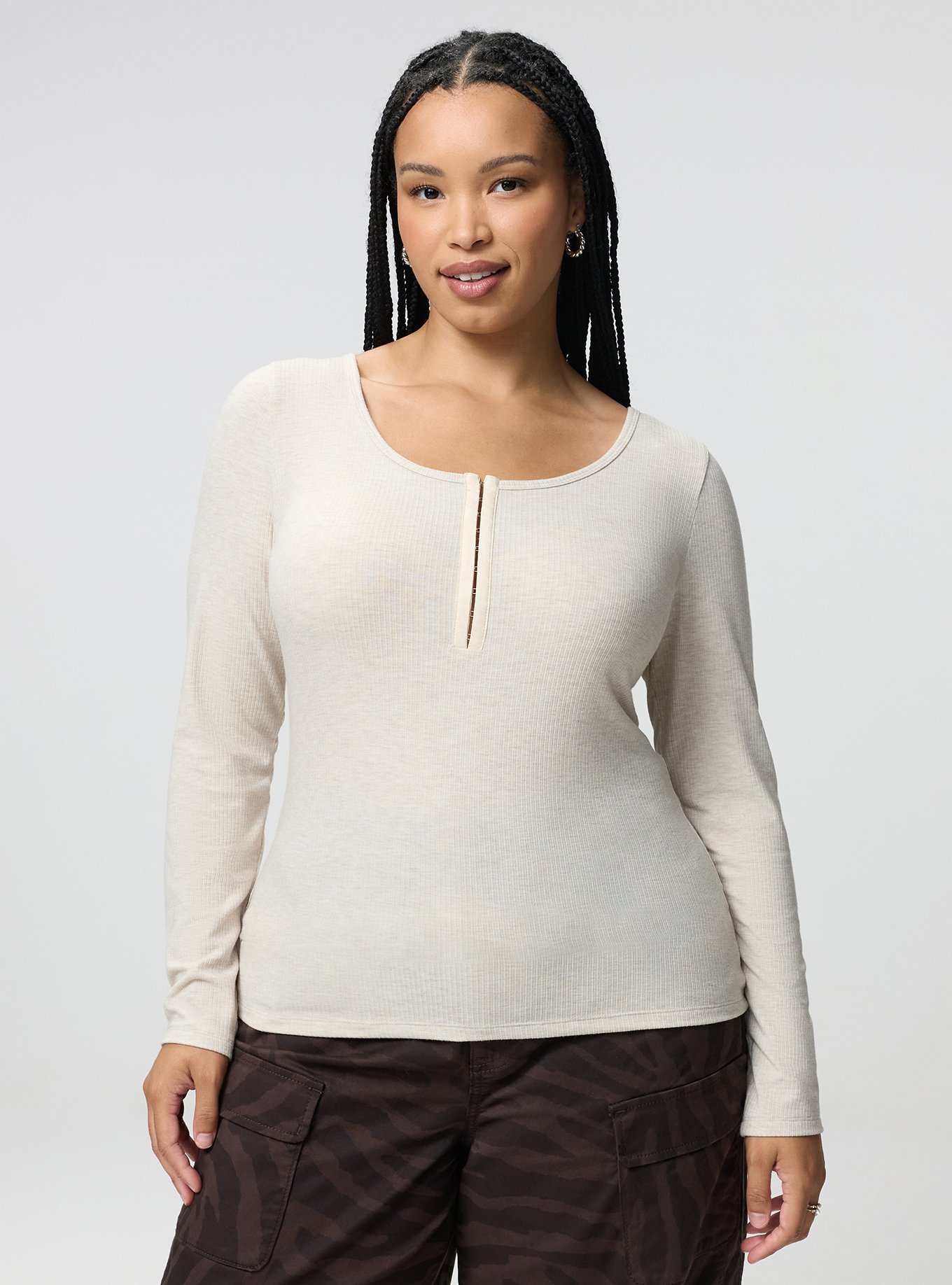 Super Soft Rib Hook & Eye Long Sleeve Top, OATMEAL HEATHER, hi-res