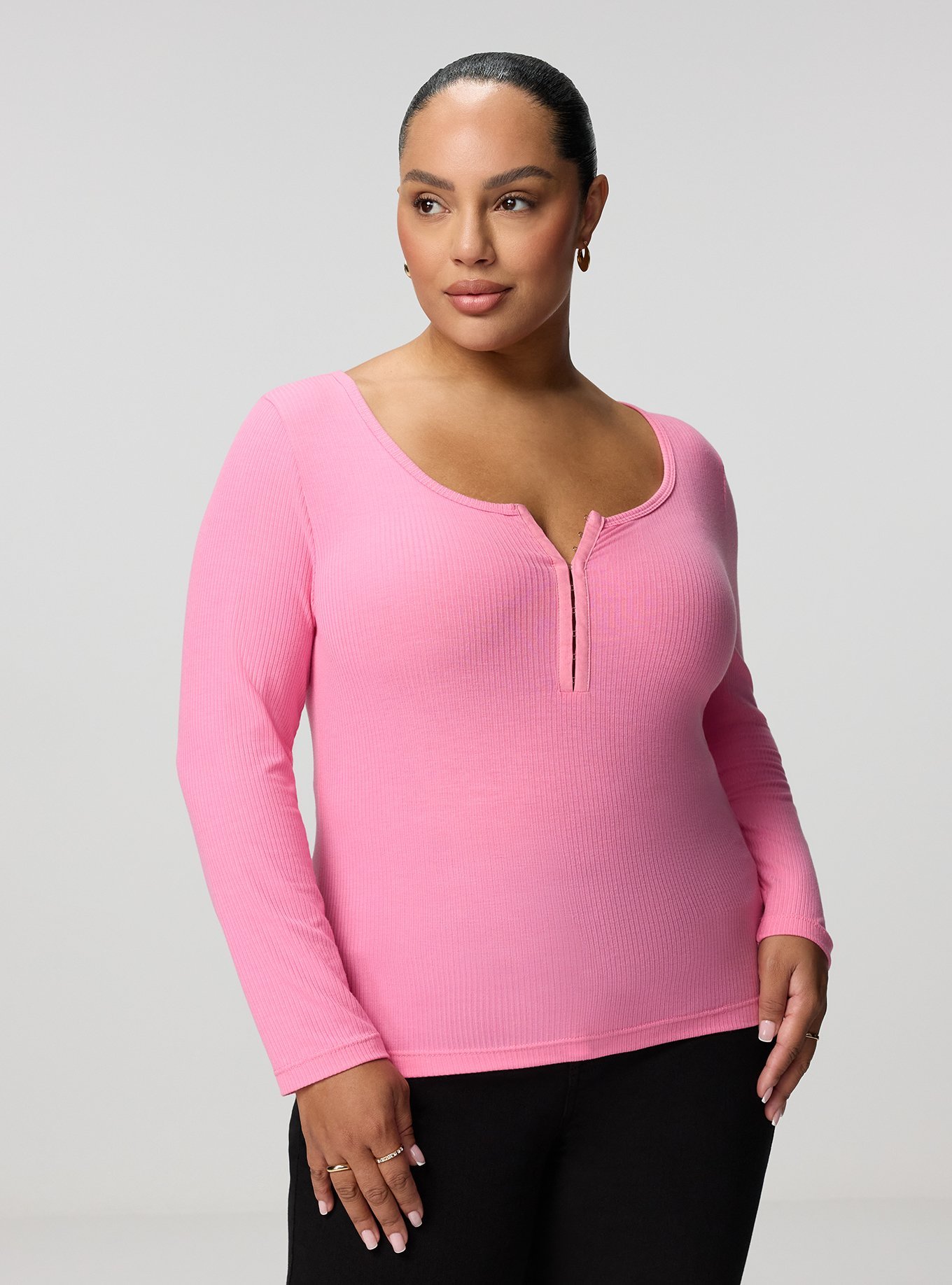 Super Soft Rib Hook & Eye Long Sleeve Top, AURORA PINK, hi-res