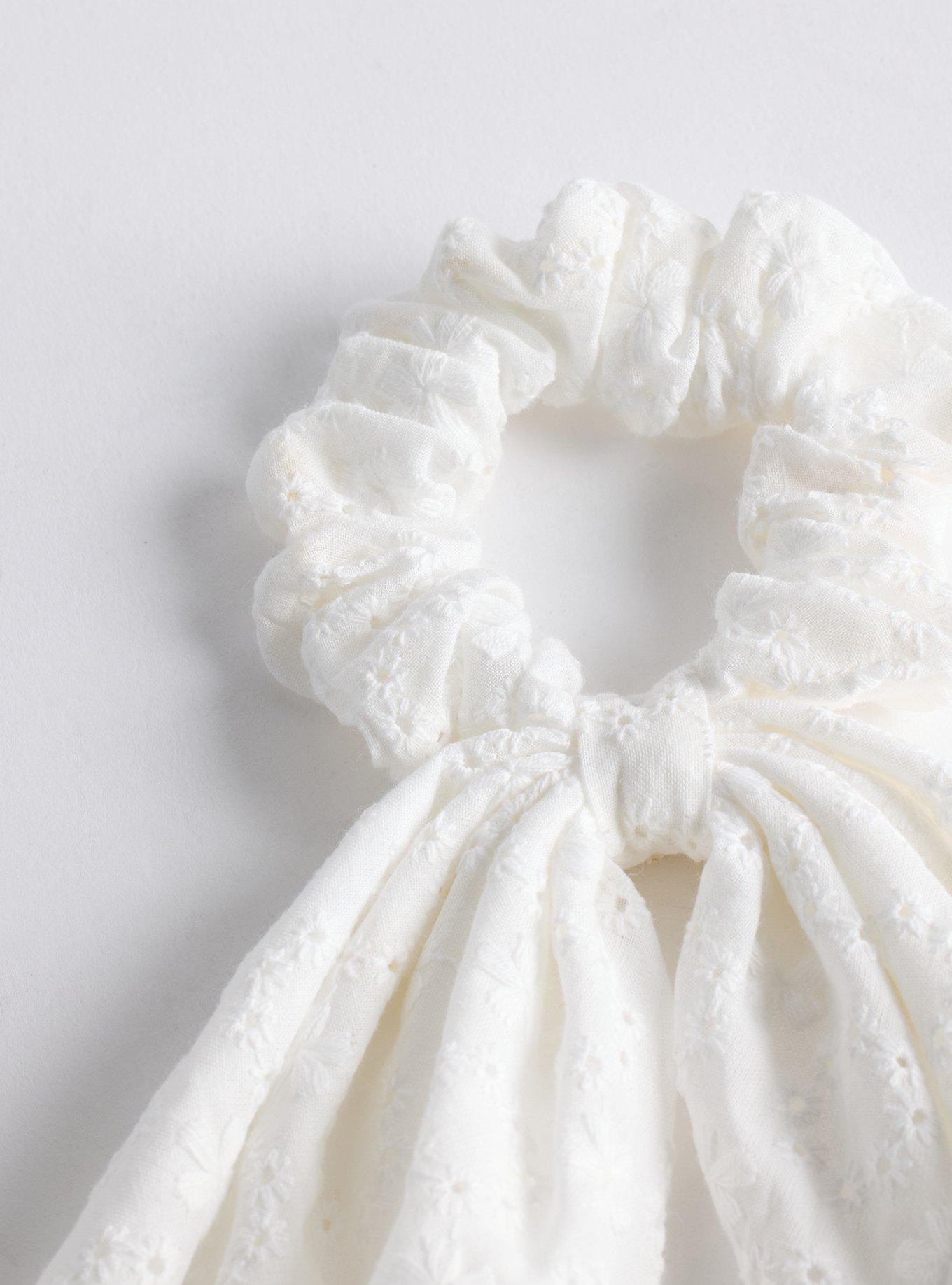 Embroidered Scarf Bow Scrunchie, WHITE, alternate