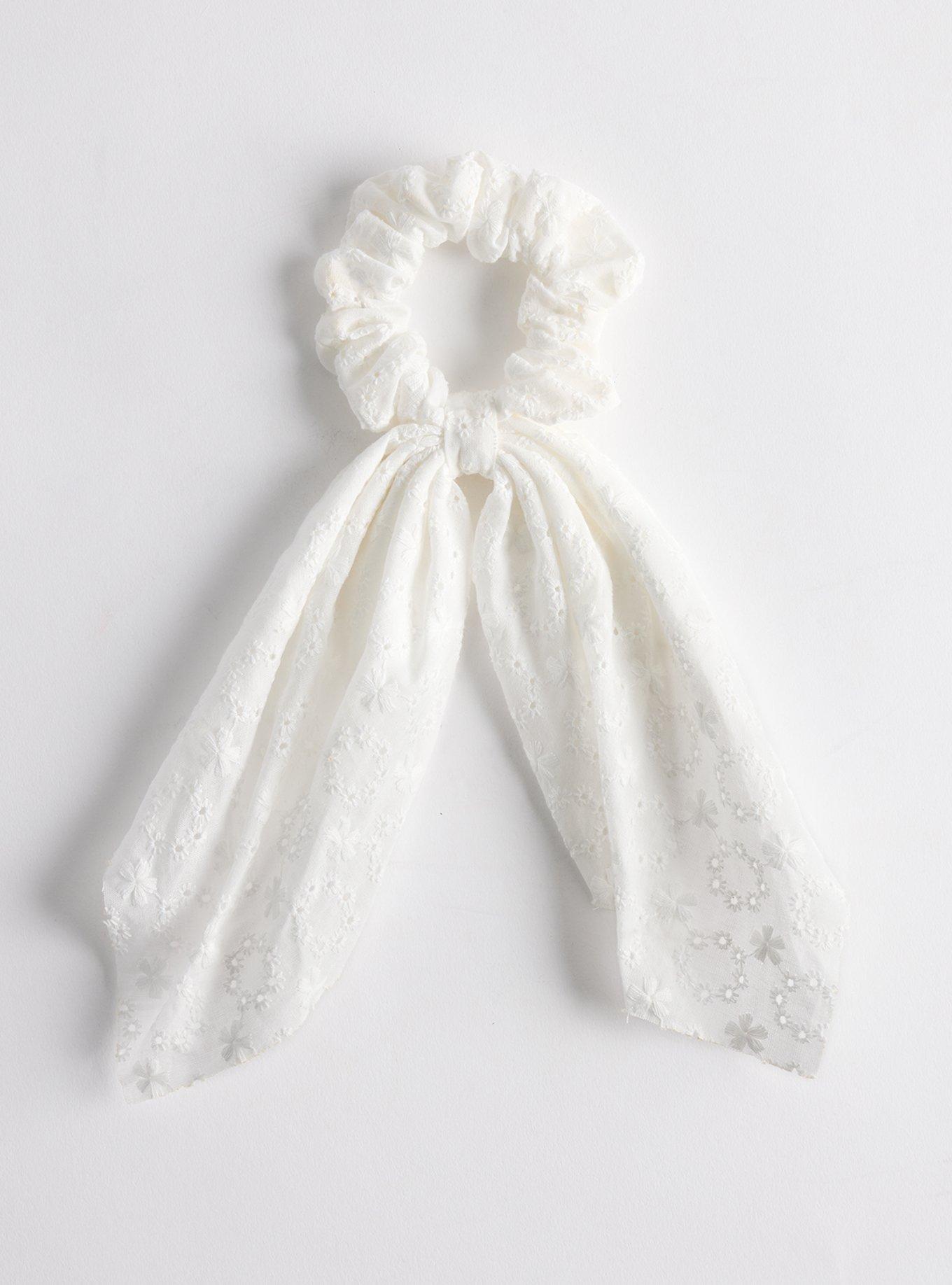 Embroidered Scarf Bow Scrunchie, WHITE, hi-res