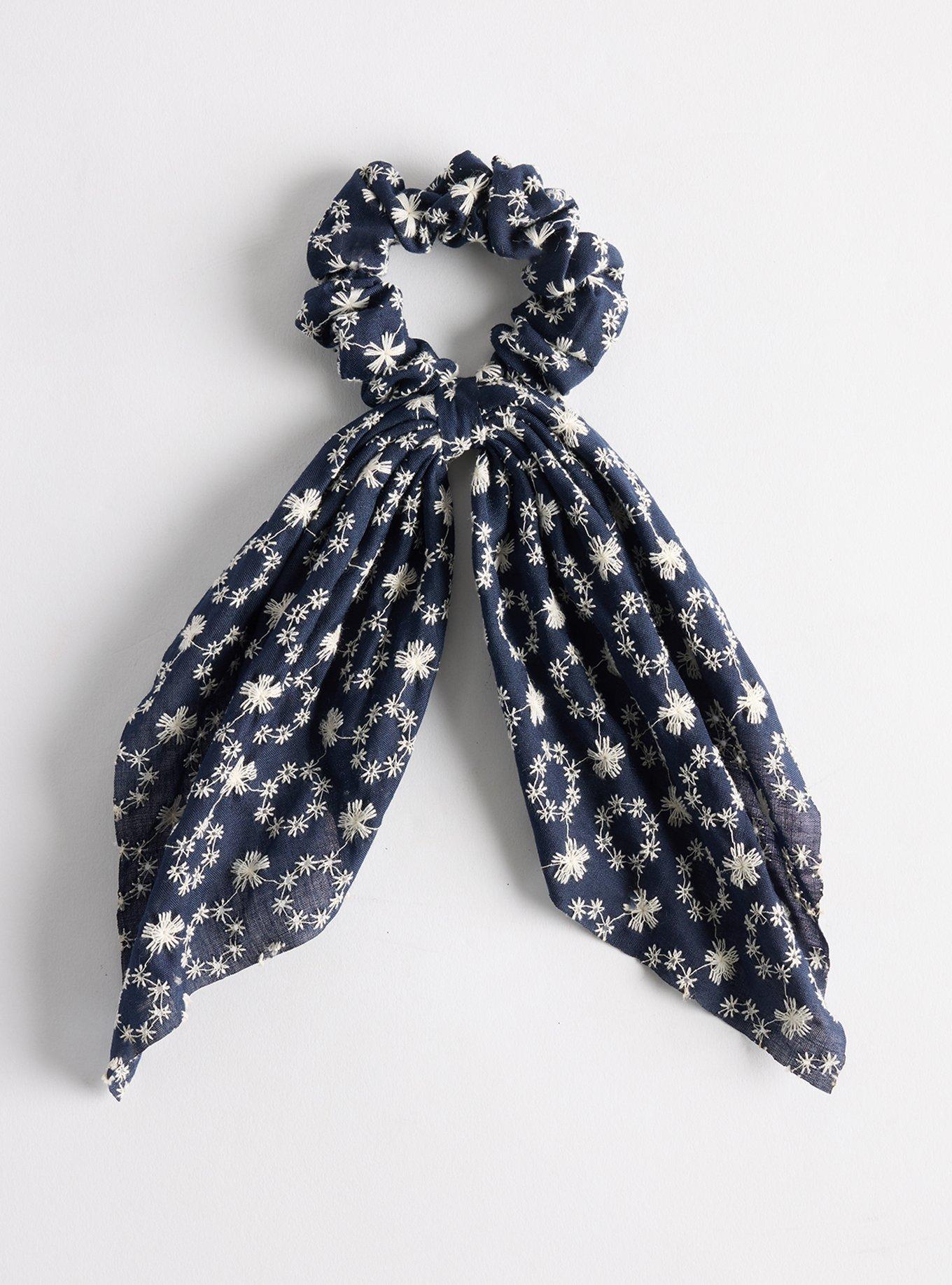 Embroidered Scarf Bow Scrunchie, BLUE, hi-res