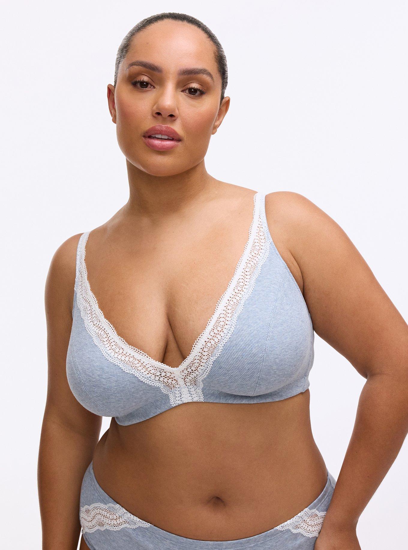 Unlined Heather Cotton Rib Plunge Bralette, DUSTY BLUE HEATHER, hi-res