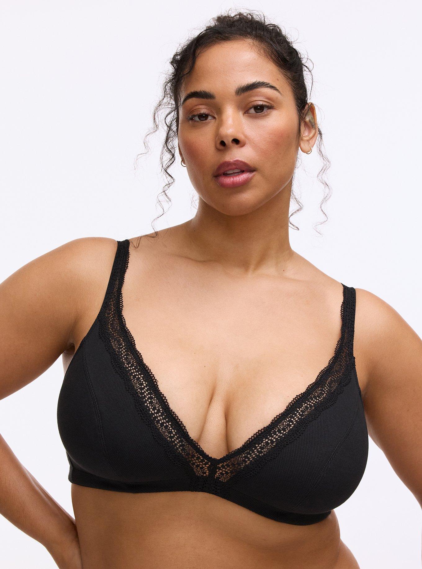 Unlined Cotton Rib Plunge Bralette, RICH BLACK, hi-res