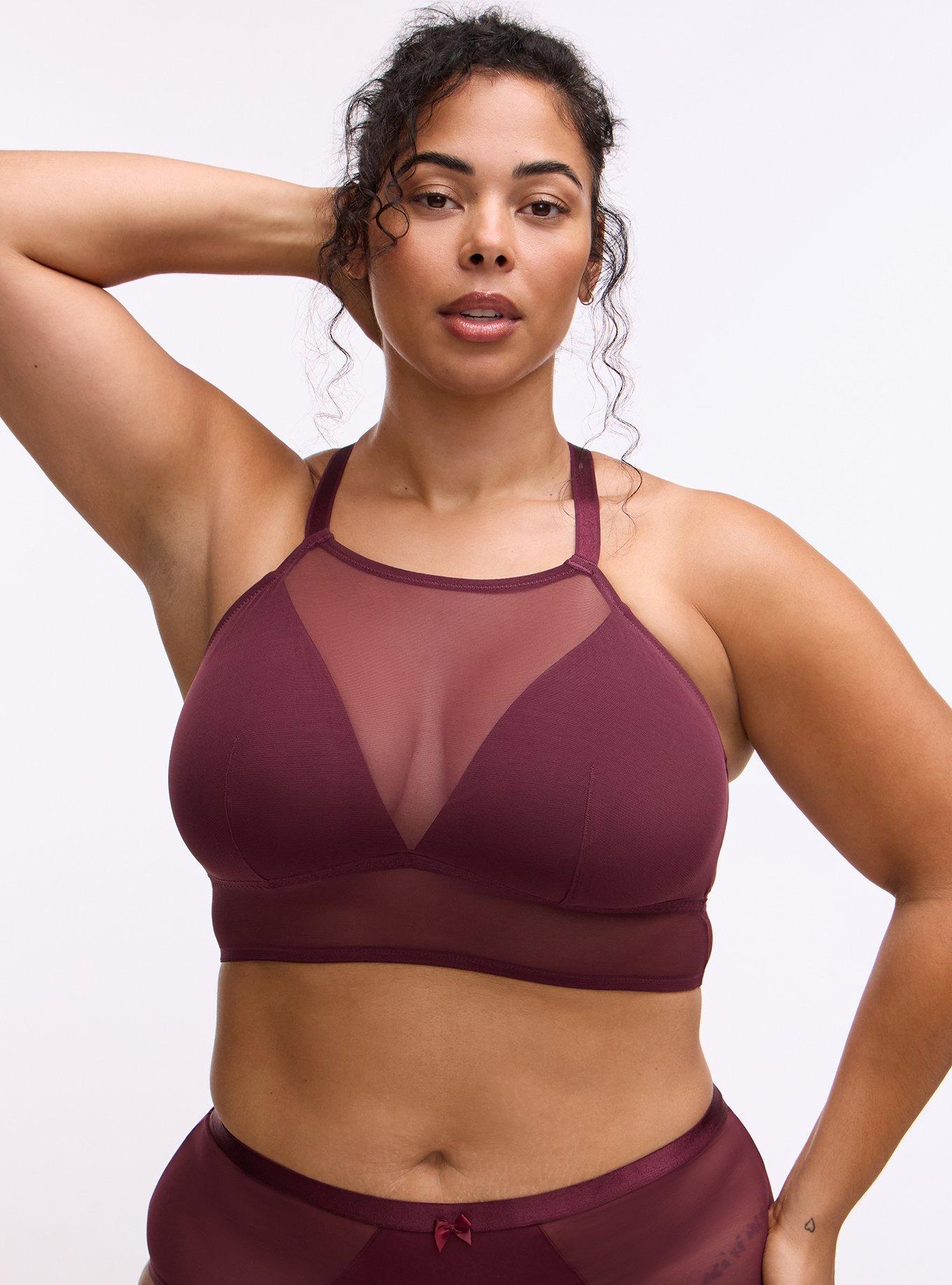 Unlined Mesh High Neck Longline Bralette, FIG, hi-res