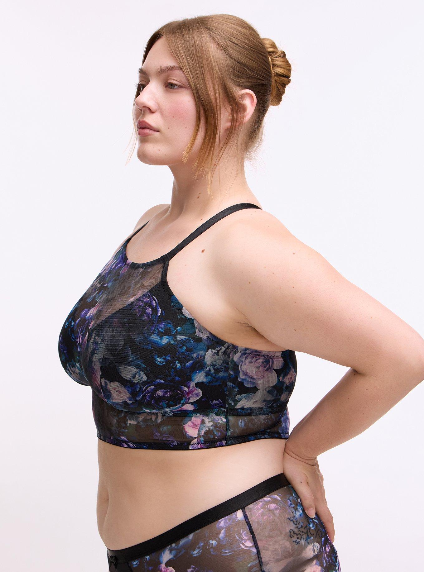 Plus Size Unlined Mesh High Neck Longline Bralette, FORTUNE FLORAL TEAL, alternate