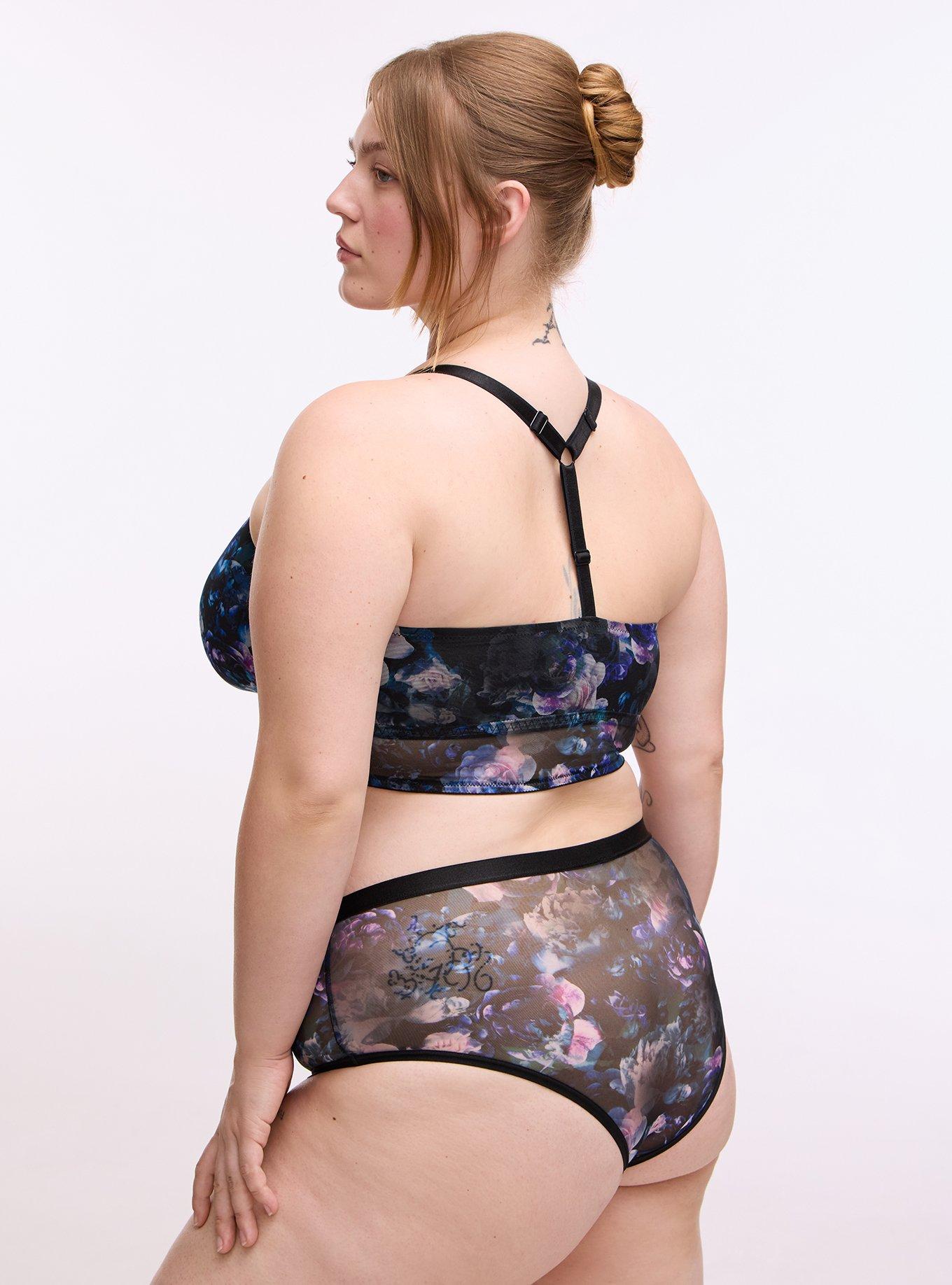 Plus Size Unlined Mesh High Neck Longline Bralette, FORTUNE FLORAL TEAL, alternate