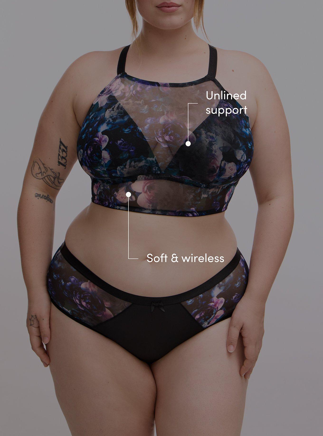 Plus Size Unlined Mesh High Neck Longline Bralette, FORTUNE FLORAL TEAL, alternate