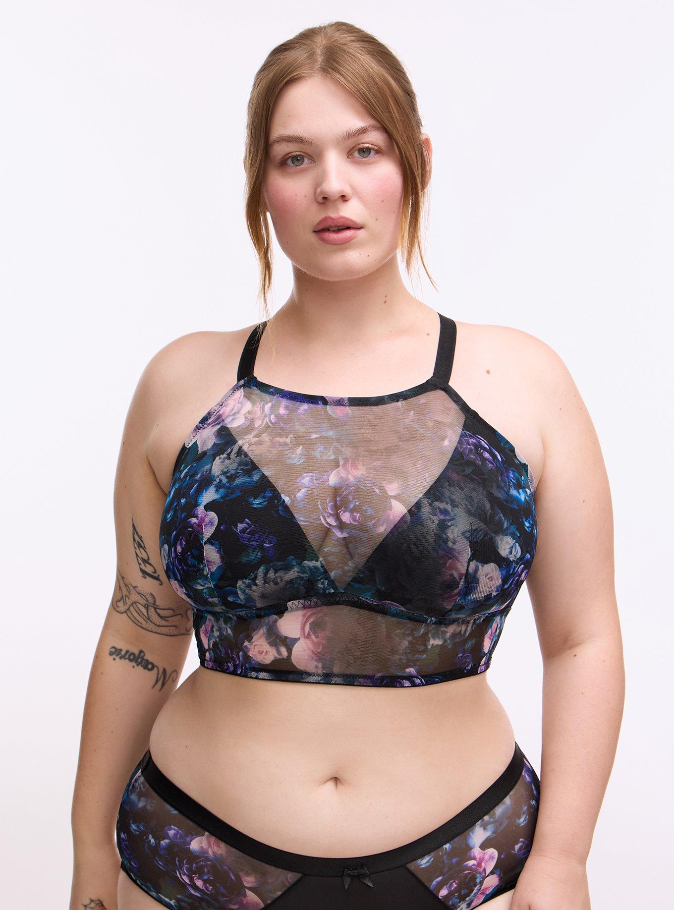 Plus Size Unlined Mesh High Neck Longline Bralette, FORTUNE FLORAL TEAL, hi-res