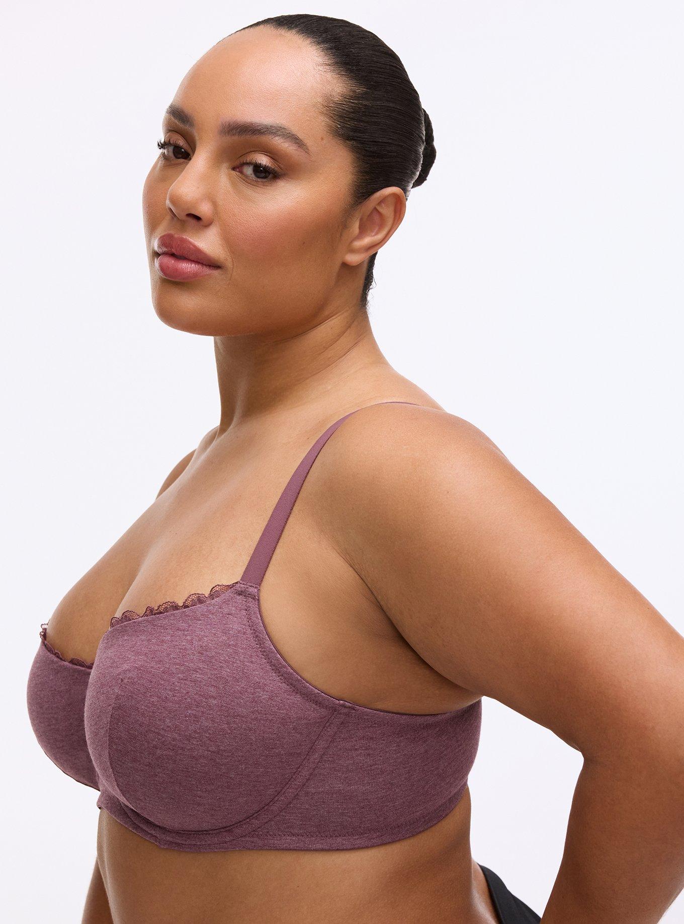 Plus Size Balconette Unlined Cotton Heather Lace Trim Bra, PLUM WINE HEATHER, alternate