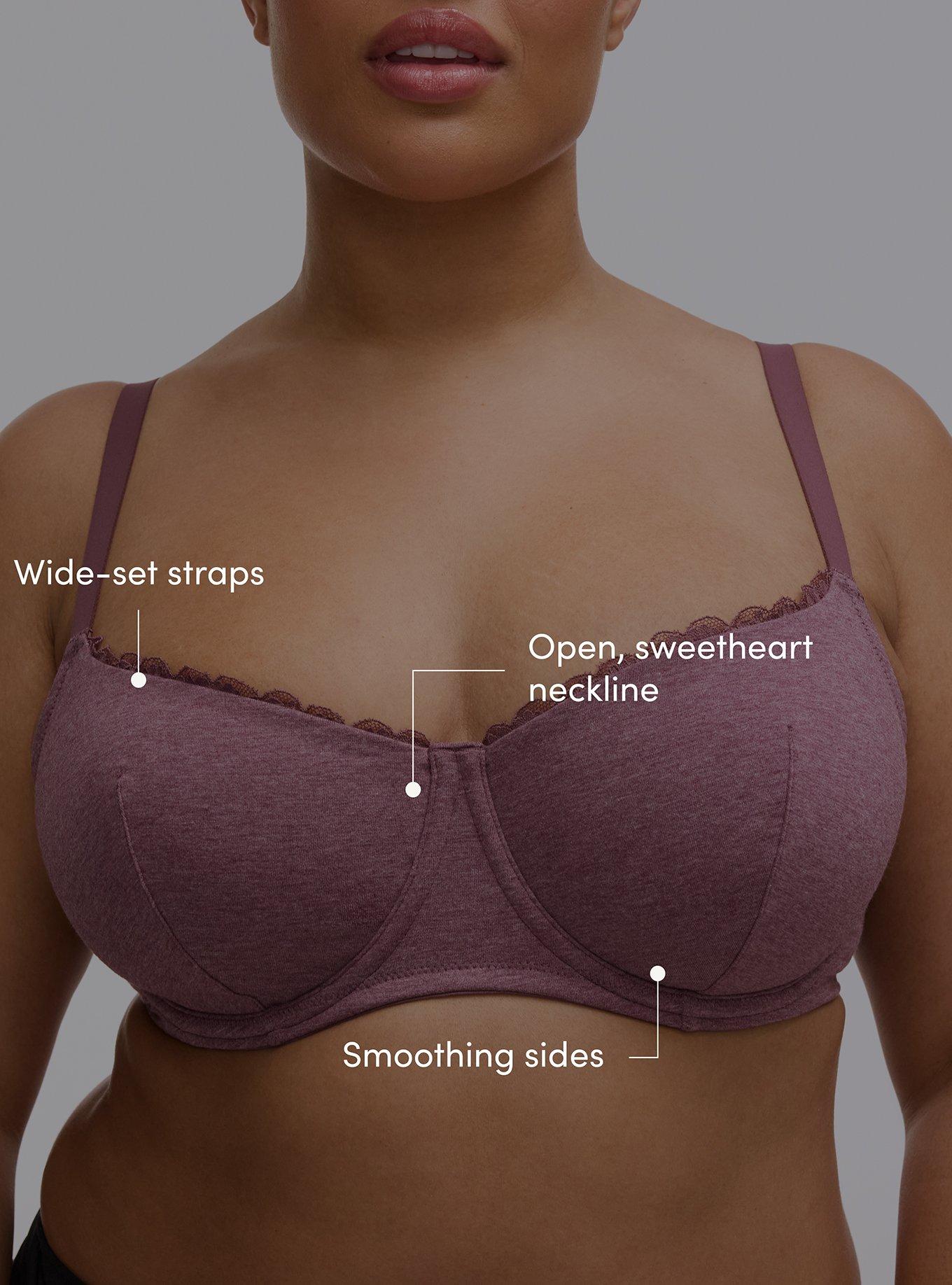 Plus Size Balconette Unlined Cotton Heather Lace Trim Bra, PLUM WINE HEATHER, alternate
