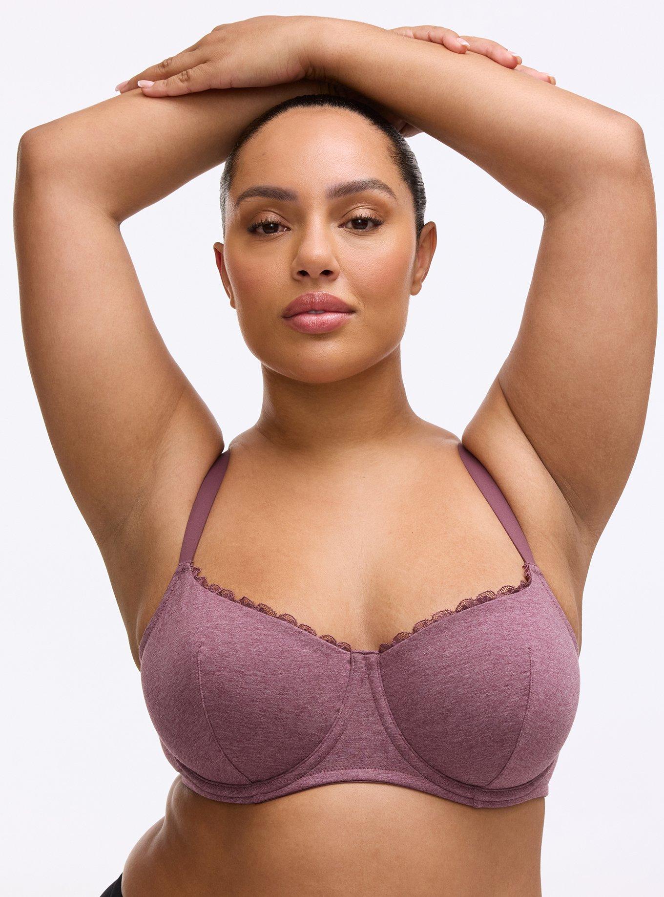 Plus Size Balconette Unlined Cotton Heather Lace Trim Bra, PLUM WINE HEATHER, hi-res