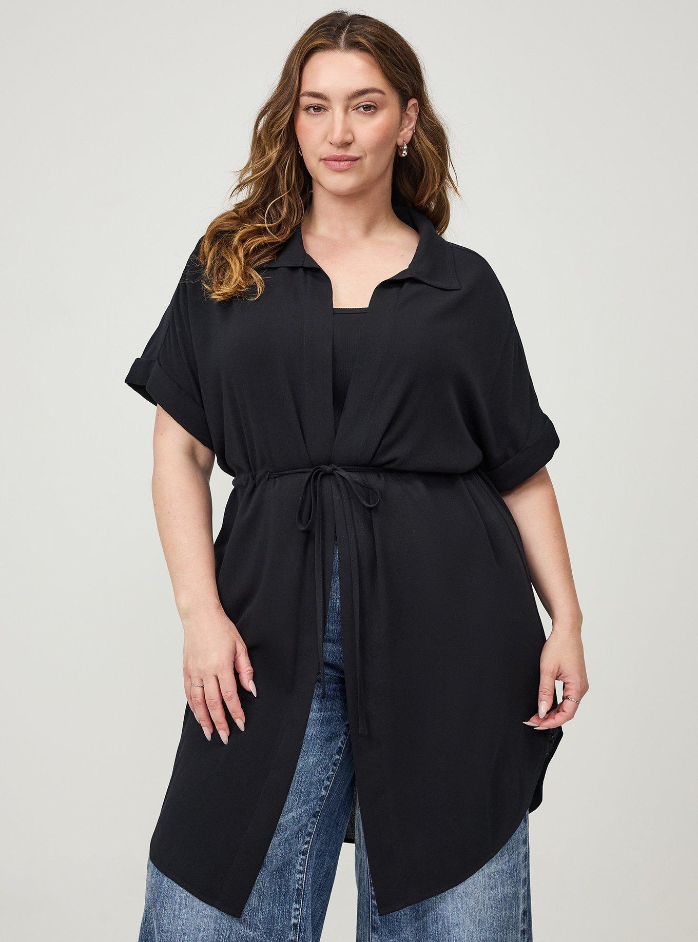 Waist Tie Gauze Kimono, DEEP BLACK, hi-res