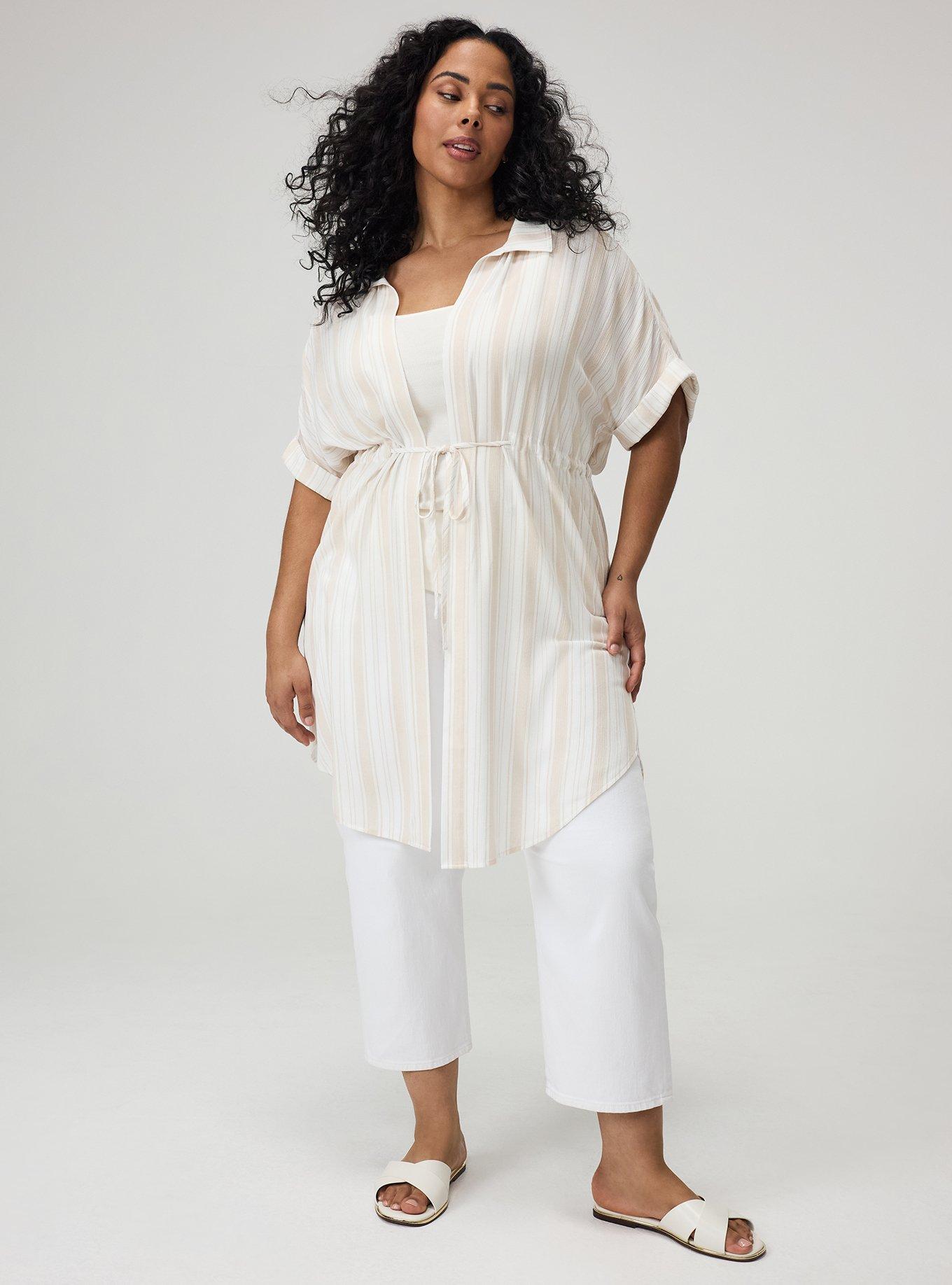 Waist Tie Gauze Kimono, IZZY STRIPE WHITE, hi-res