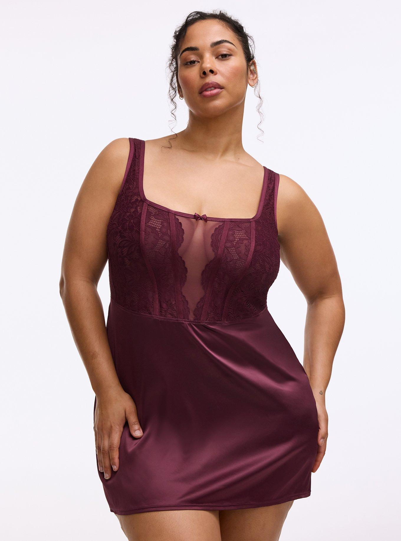 Plus Size Nightfall Lace & Shine Wirefree Bustier Dress, FIG, hi-res