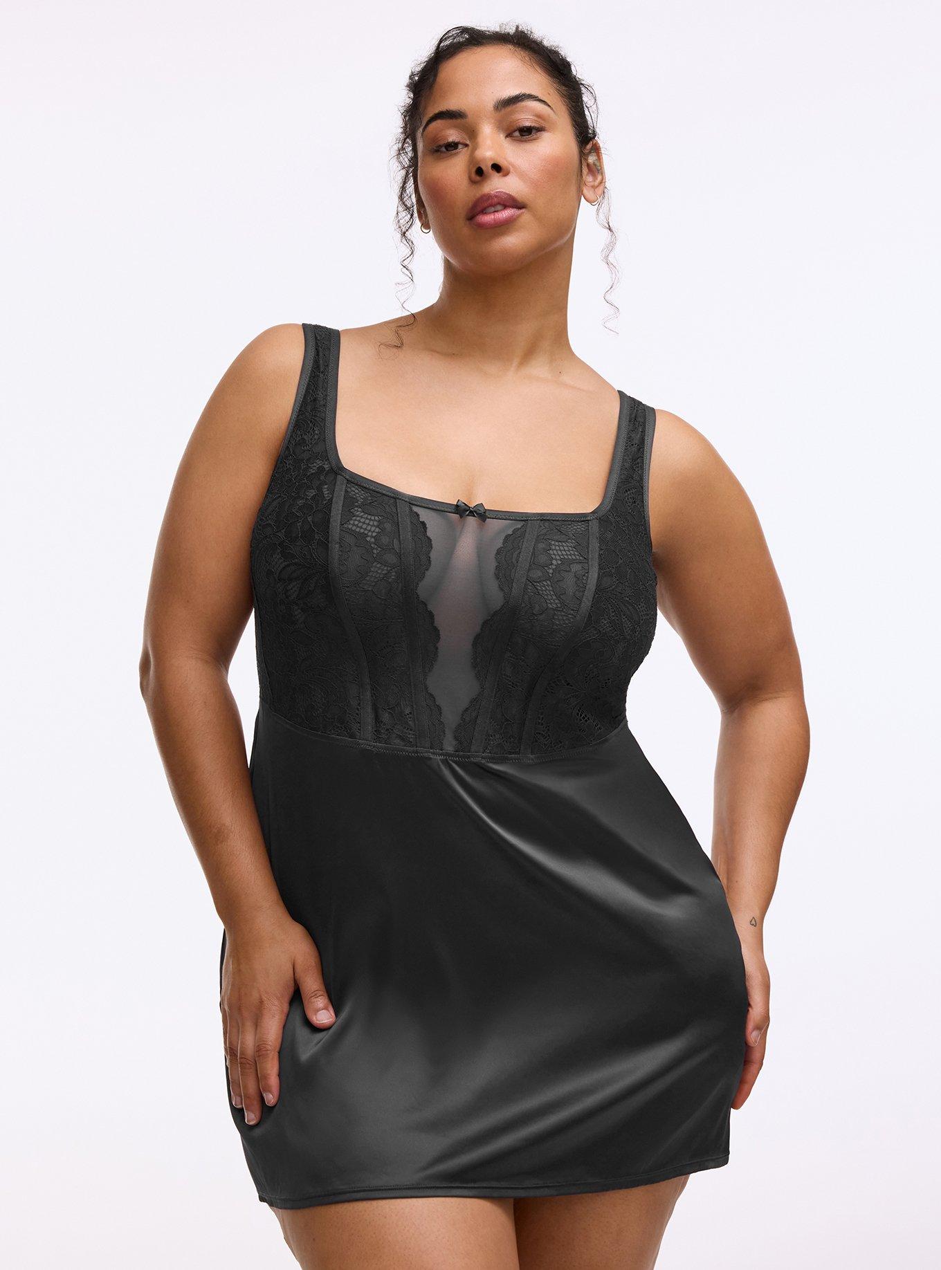 Plus Size Nightfall Lace & Shine Wirefree Bustier Dress, RICH BLACK, hi-res