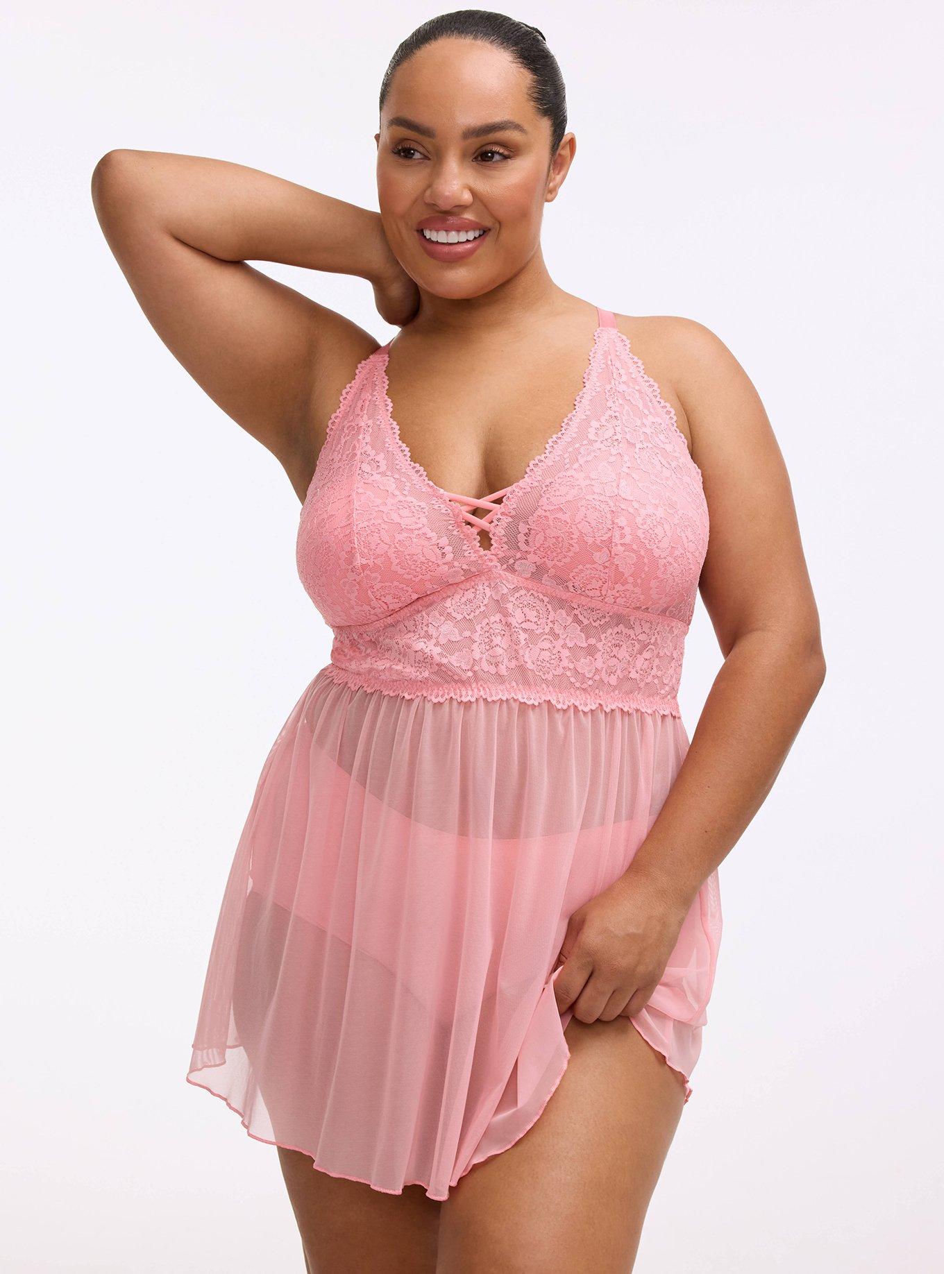 Simply Lace & Chiffon Babydoll, FLAMINGO PINK, hi-res