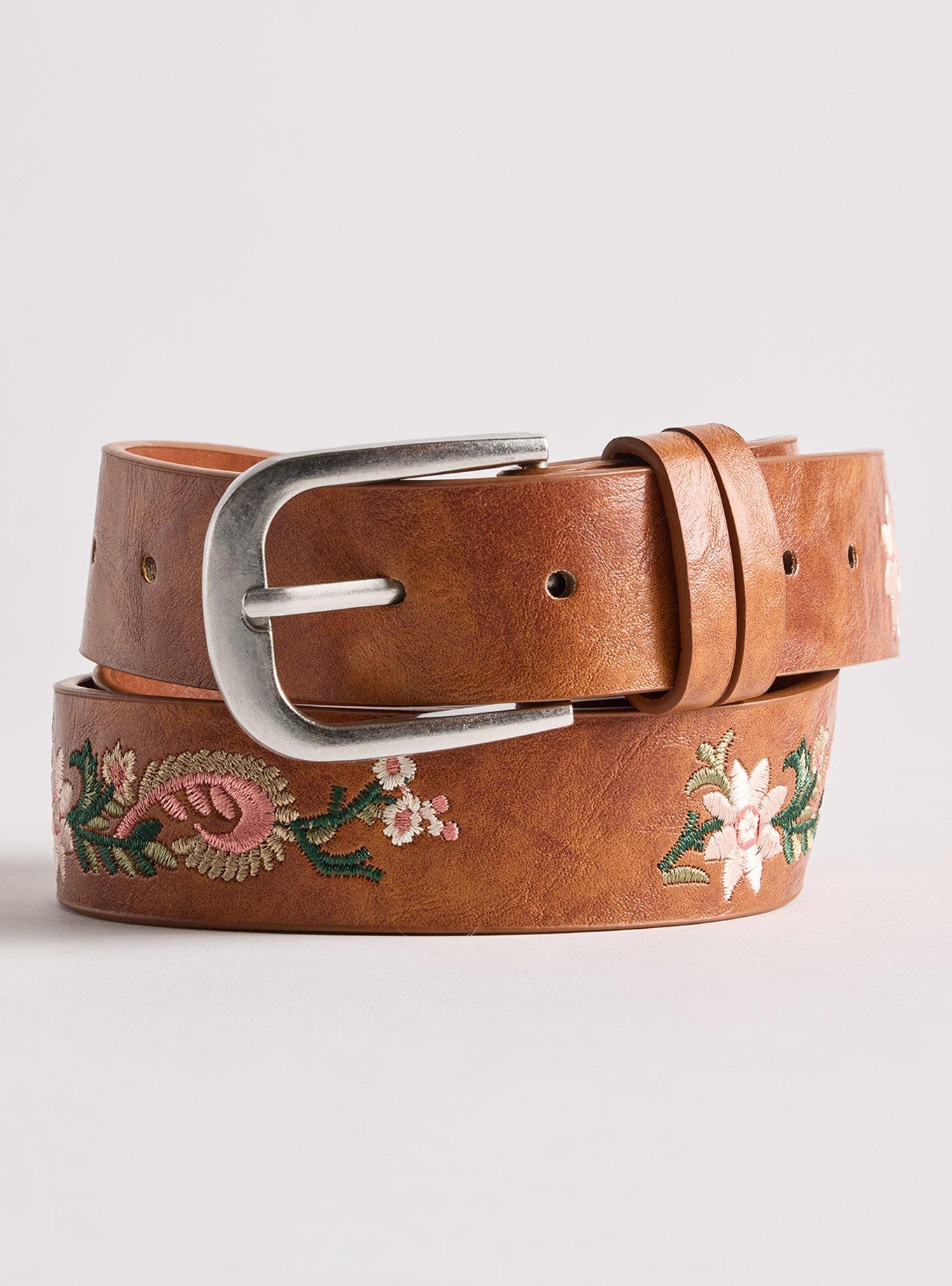 Embroidered Denim Belt, COGNAC, hi-res