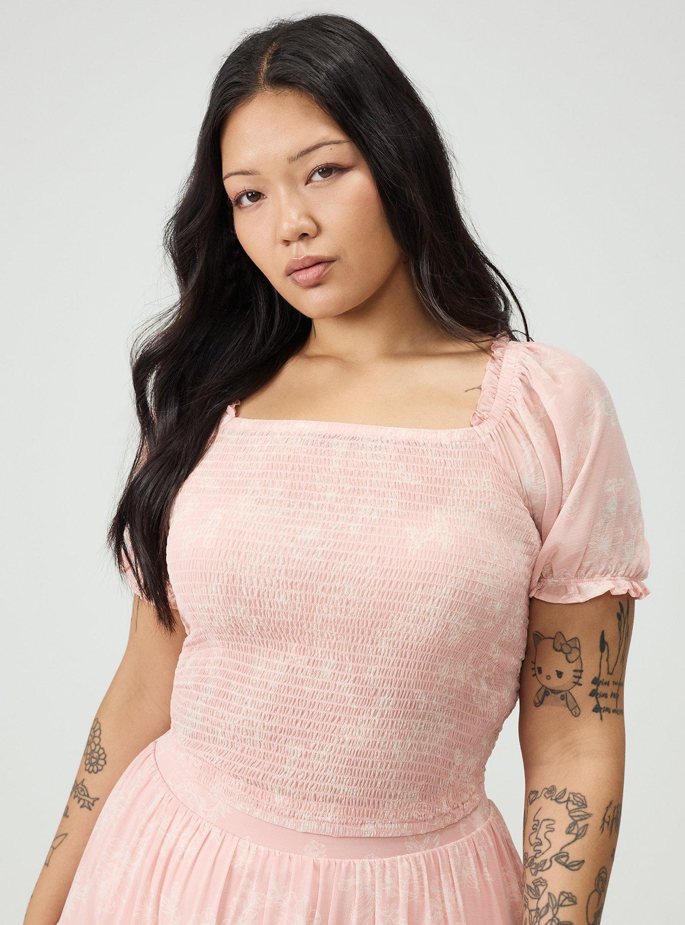 Plus Size Smocked Crop Top, GLITTERING FLORAL BLUSH, alternate