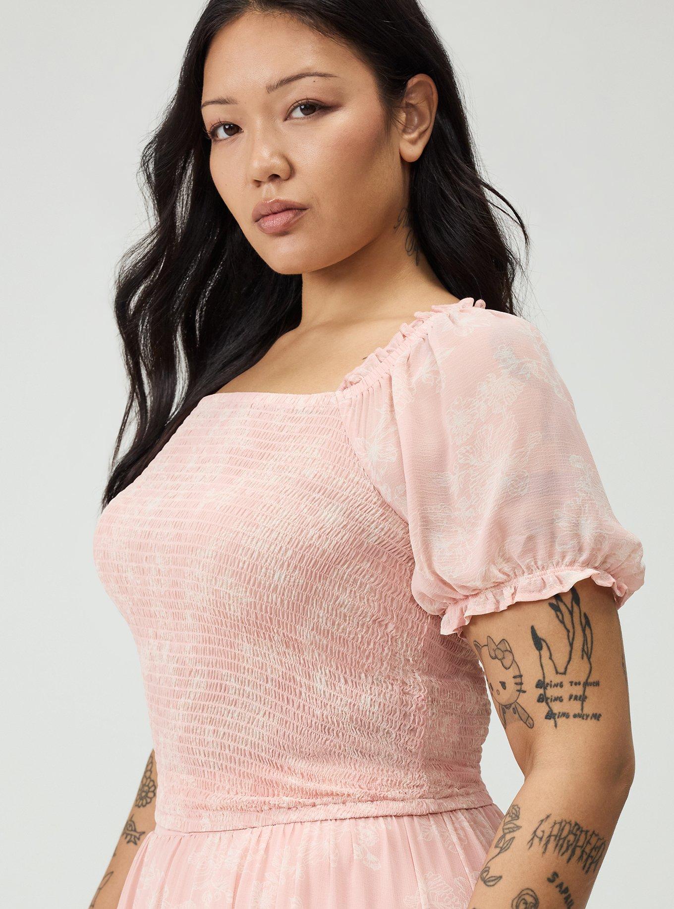 Plus Size Smocked Crop Top, GLITTERING FLORAL BLUSH, alternate
