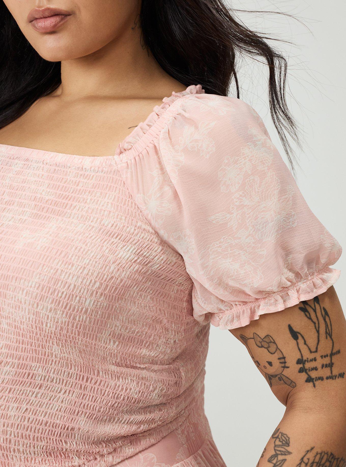 Plus Size Smocked Crop Top, GLITTERING FLORAL BLUSH, alternate