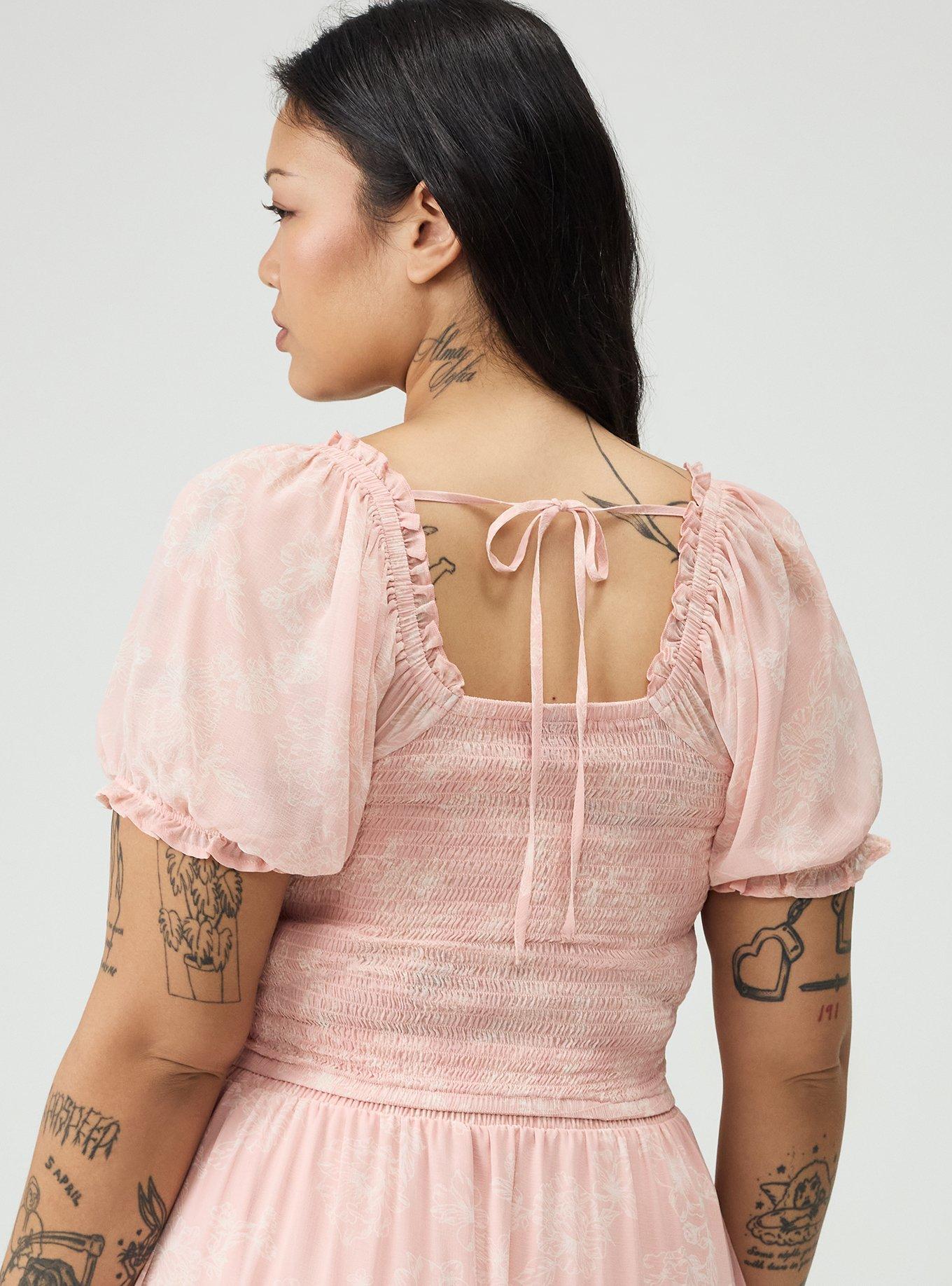 Plus Size Smocked Crop Top, GLITTERING FLORAL BLUSH, alternate