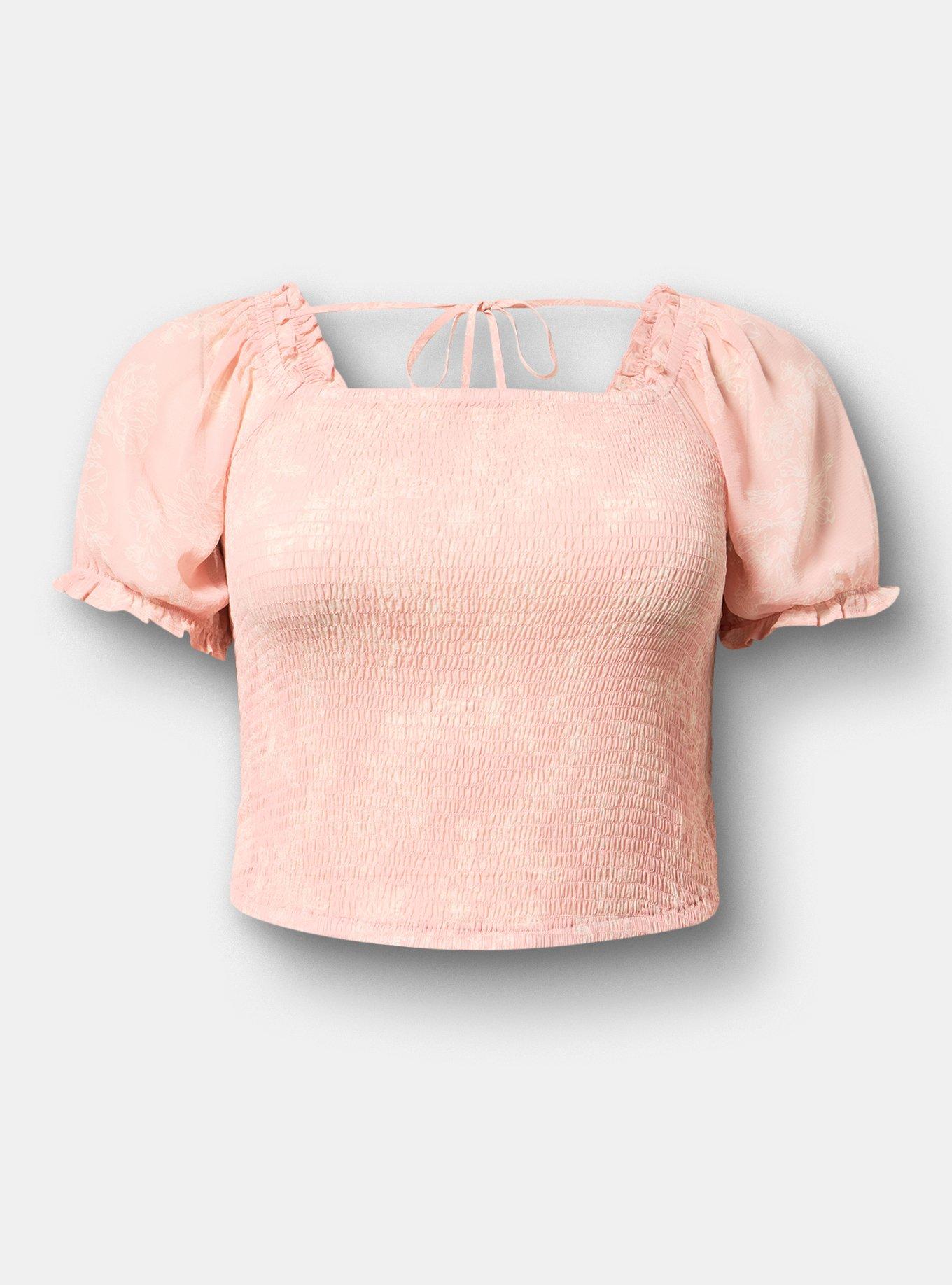 Plus Size Smocked Crop Top, GLITTERING FLORAL BLUSH, flat