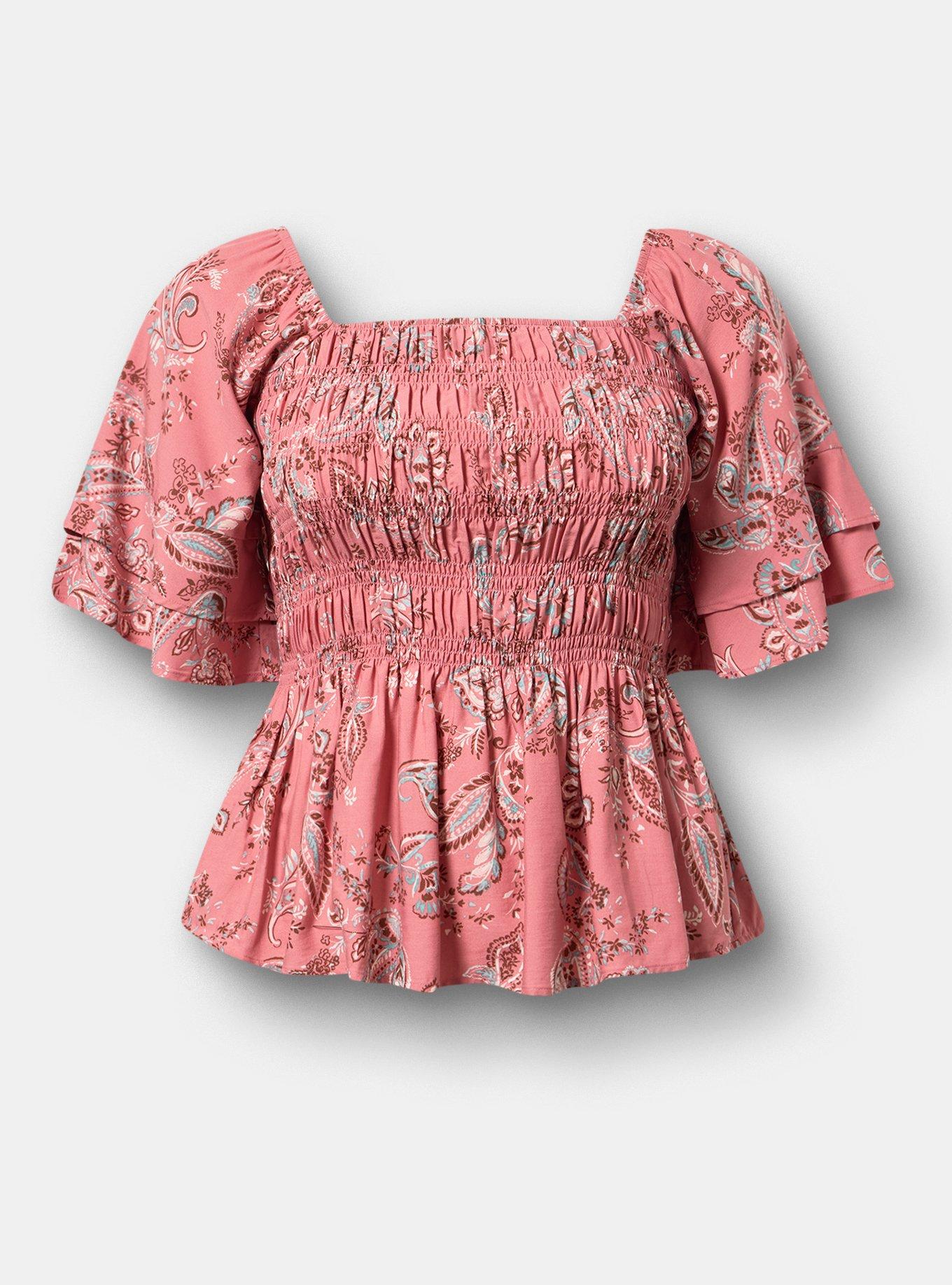 Plus Size Peplum Challis Top, SWEETHEART PAISLEY CORAL, flat