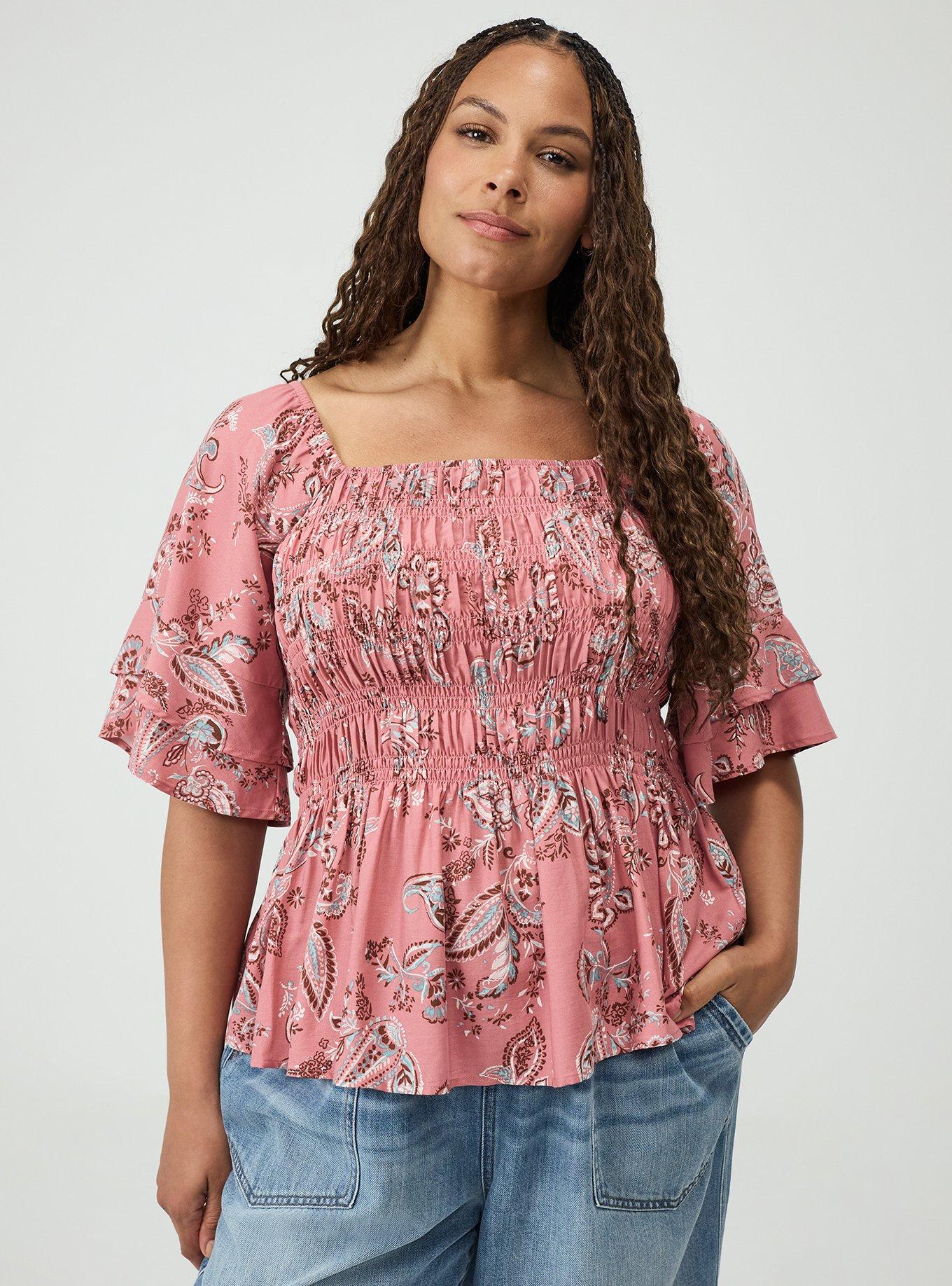 Plus Size Peplum Challis Top, SWEETHEART PAISLEY CORAL, hi-res