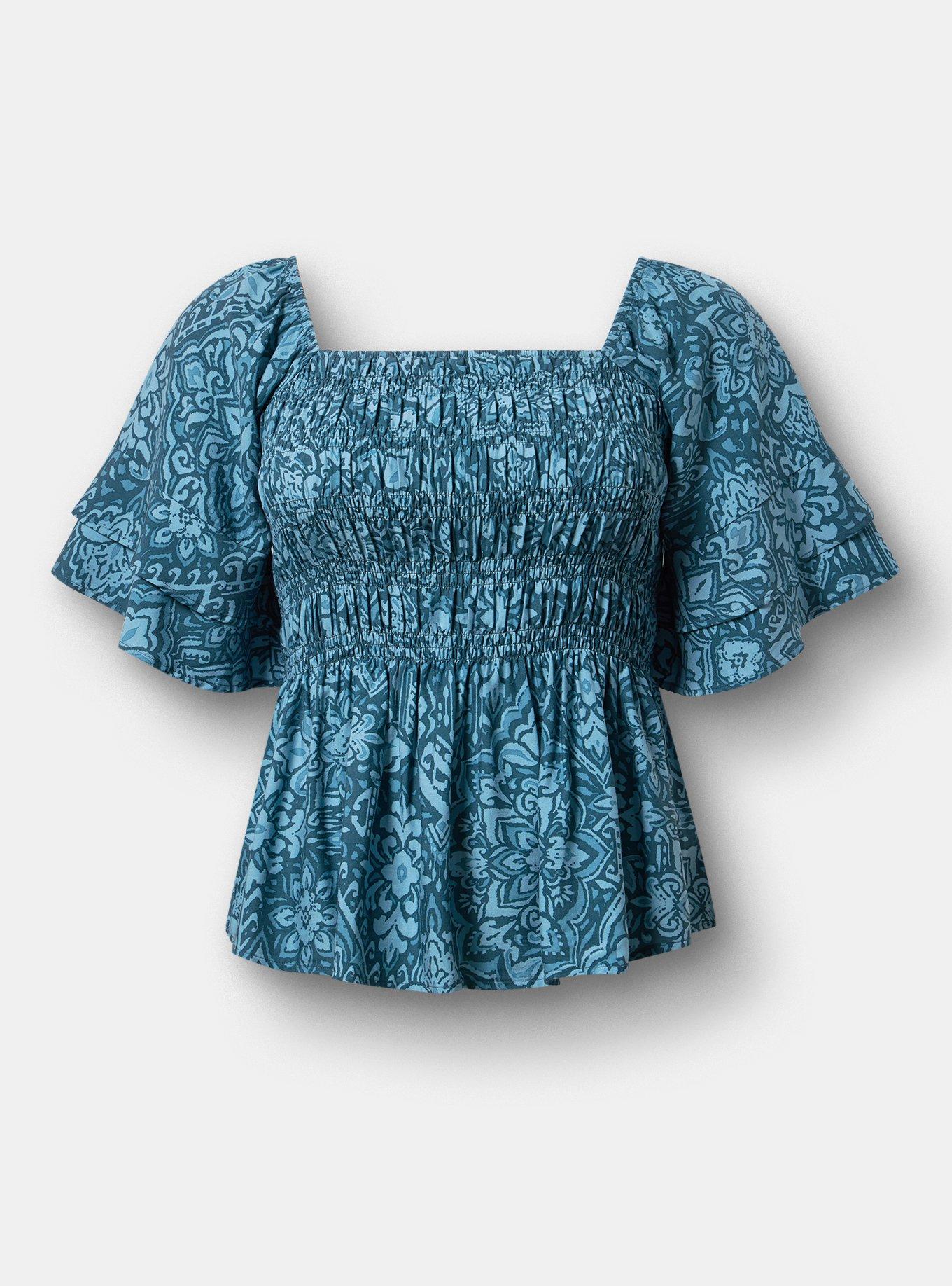 Peplum Challis Top, PRETTY MEDALLION TEAL, hi-res