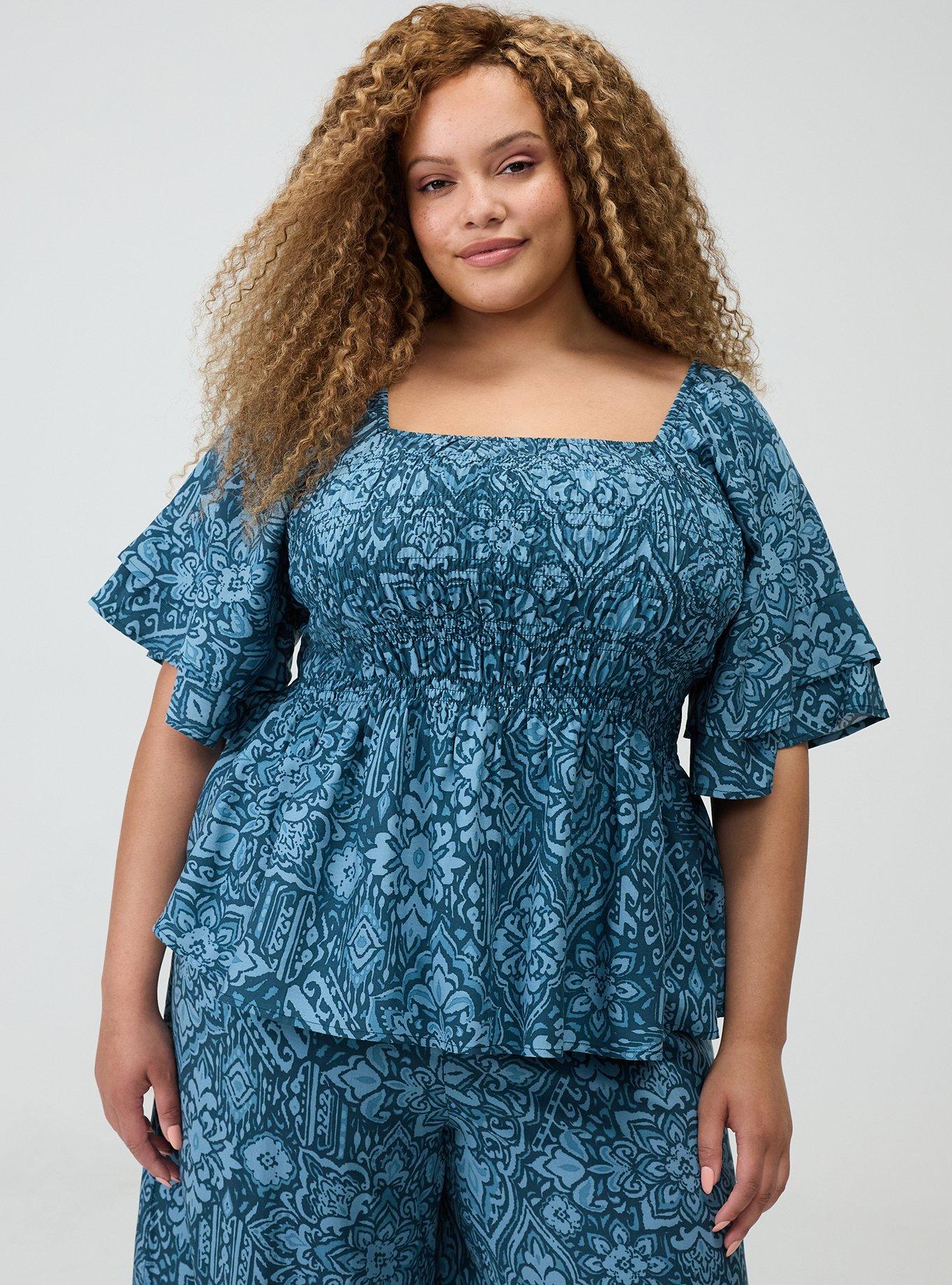 Peplum Challis Top, PRETTY MEDALLION TEAL, hi-res