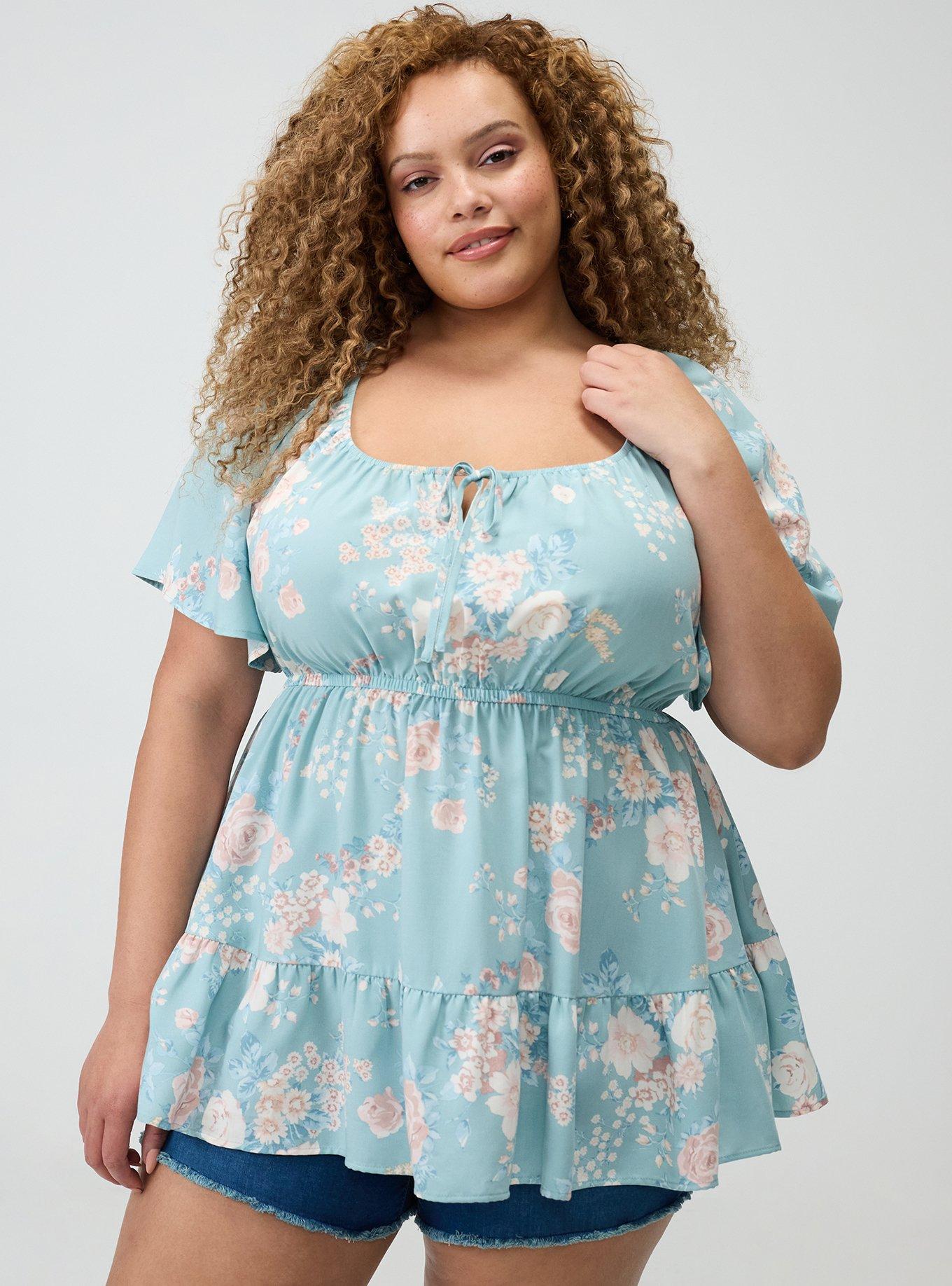 Plus Size Babydoll Scoop Challis Top, WILD BOUQUET MINT, hi-res