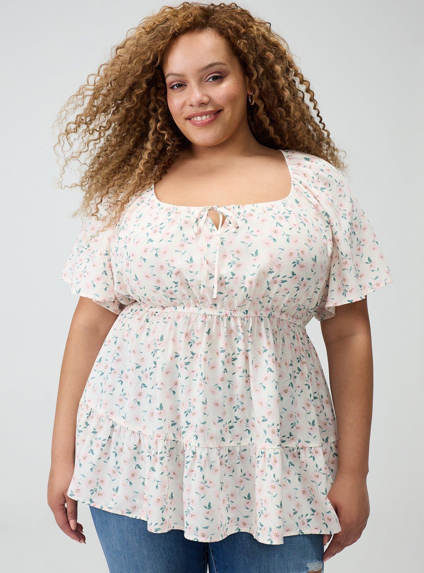 Plus Size Babydoll Scoop Challis Top, CUTE DAISY DITSY FLORAL WHITE, hi-res