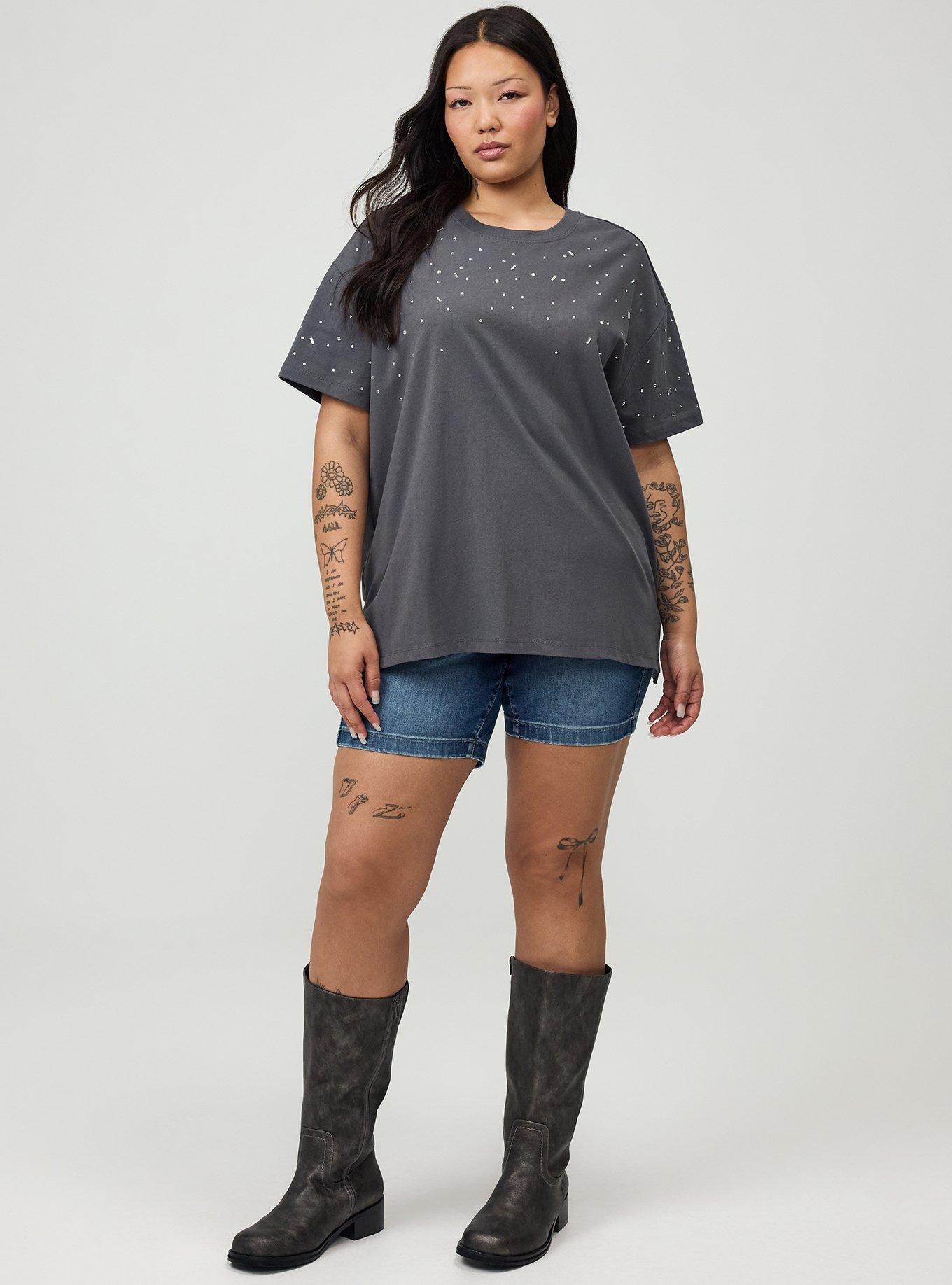 Cotton Jersey Rhinestone Step Hem Relaxed Tee, MAGNET, alternate